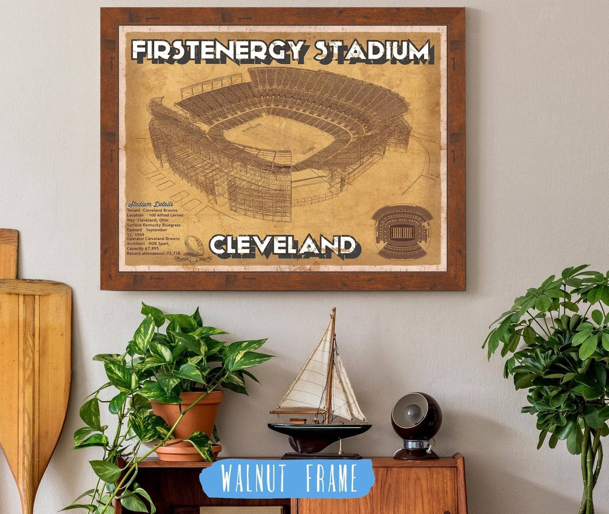 Cutler West Pro Football Collection 14" x 11" / Walnut Frame Cleveland Browns FirstEnergy Stadium - Vintage Football Print 698892938_60224