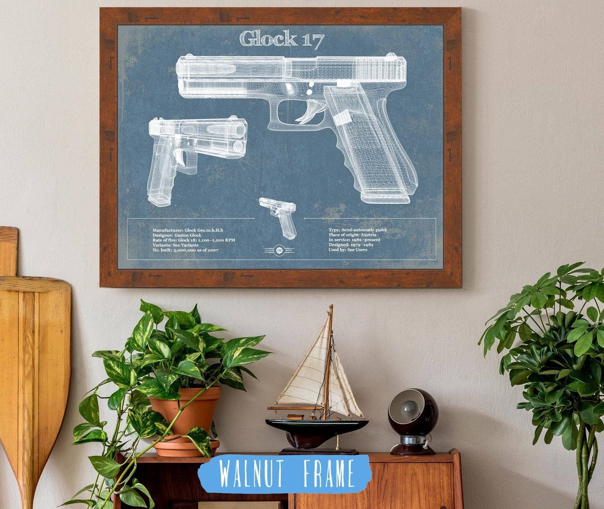 Cutler West Military Weapons Collection Glock 17 Blueprint Vintage Gun Print