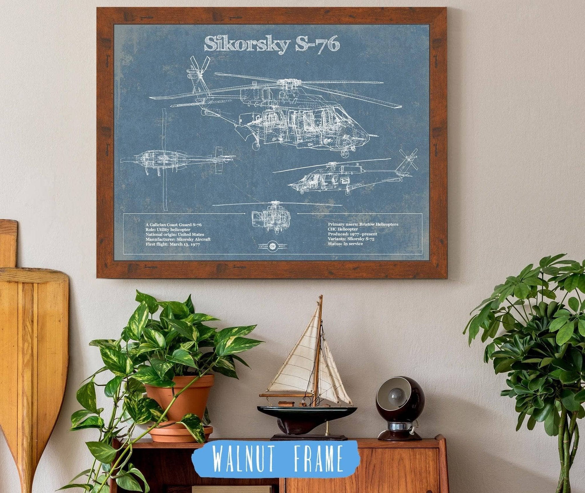 Cutler West Military Aircraft 14" x 11" / Walnut Frame Sikorsky S-76 Helicopter Vintage Aviation Blueprint Military Print 833110137_9700