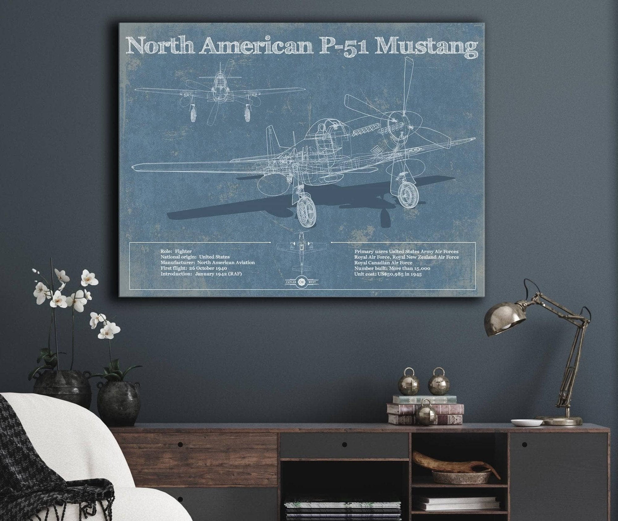 Cutler West Best Selling Collection P-51 Mustang Fighter Plane Aircraft Blueprint Original Military Wall Art