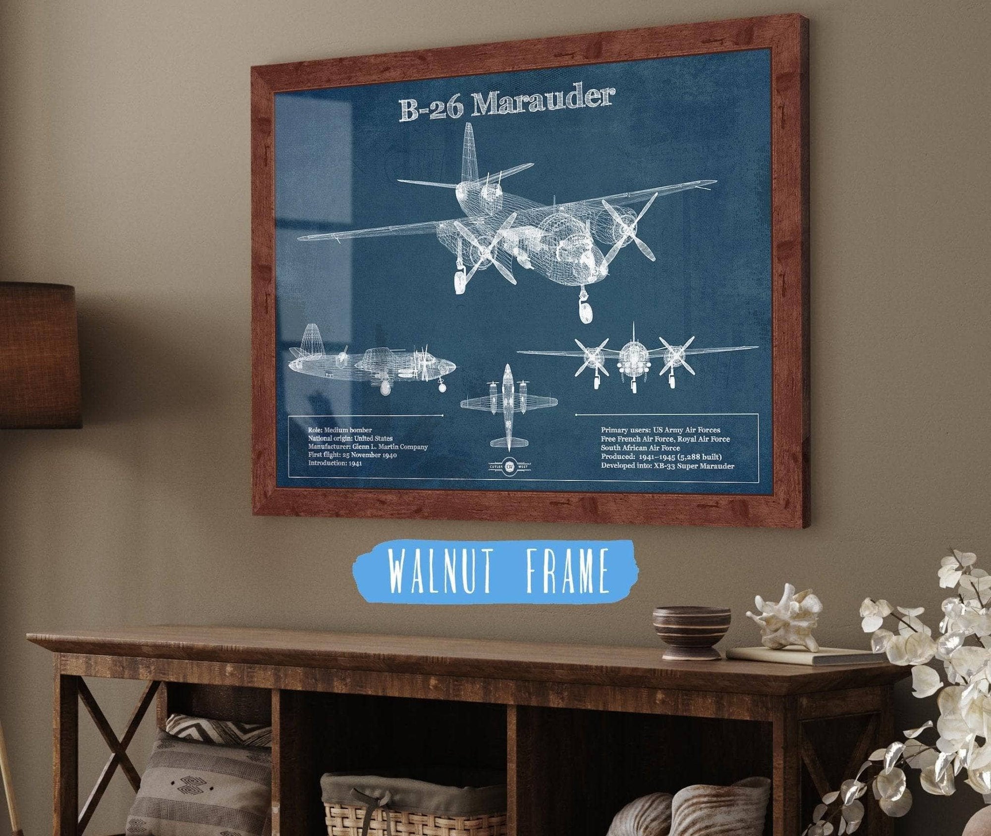 Cutler West Military Aircraft Martin B-26 Marauder - Medium Bomber Vintage Aviation Blueprint Print