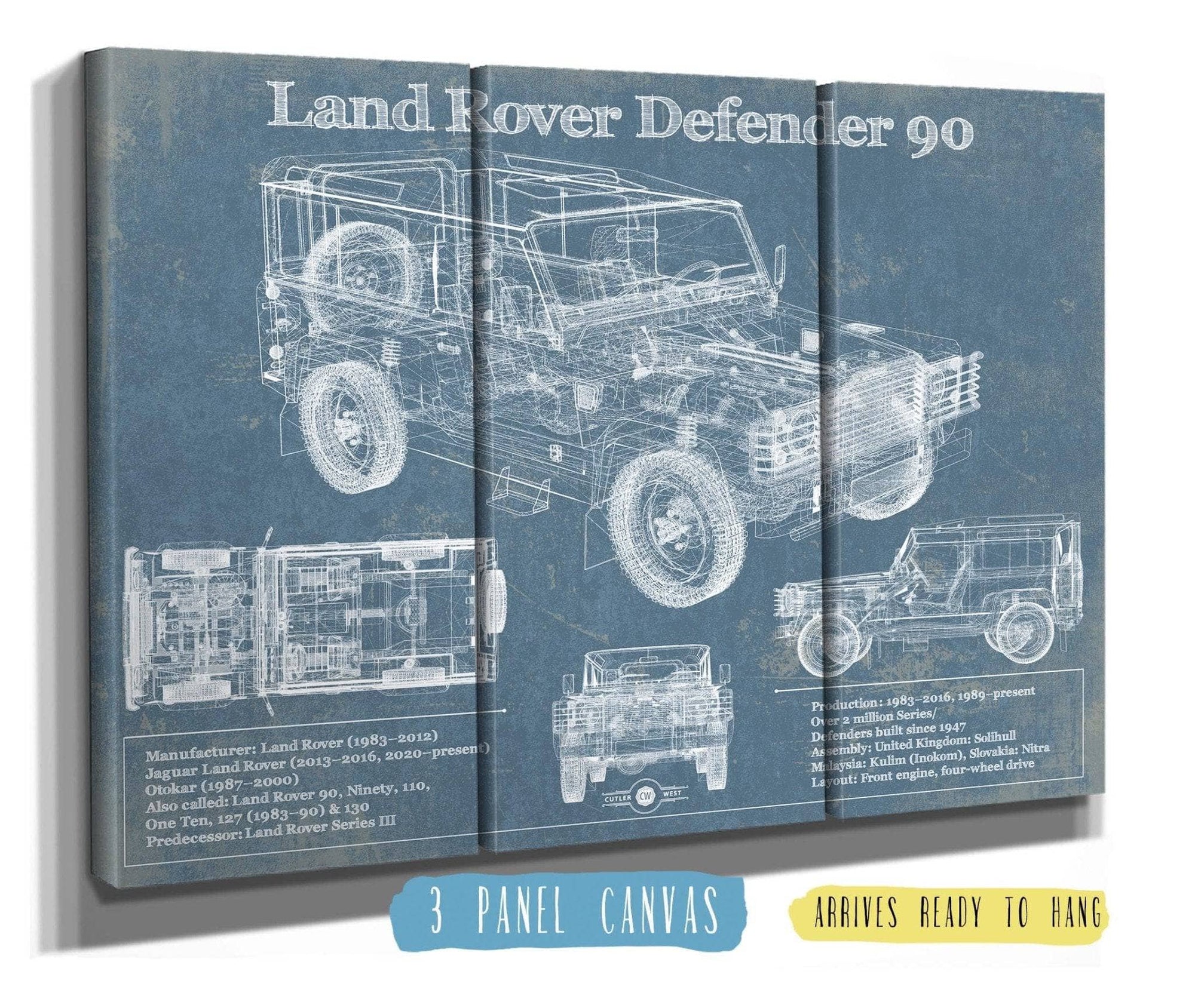 Cutler West Land Rover Collection 48" x 32" / 3 Panel Canvas Wrap Land Rover Defender 90 Blueprint Vintage Auto Patent Print 933311069
