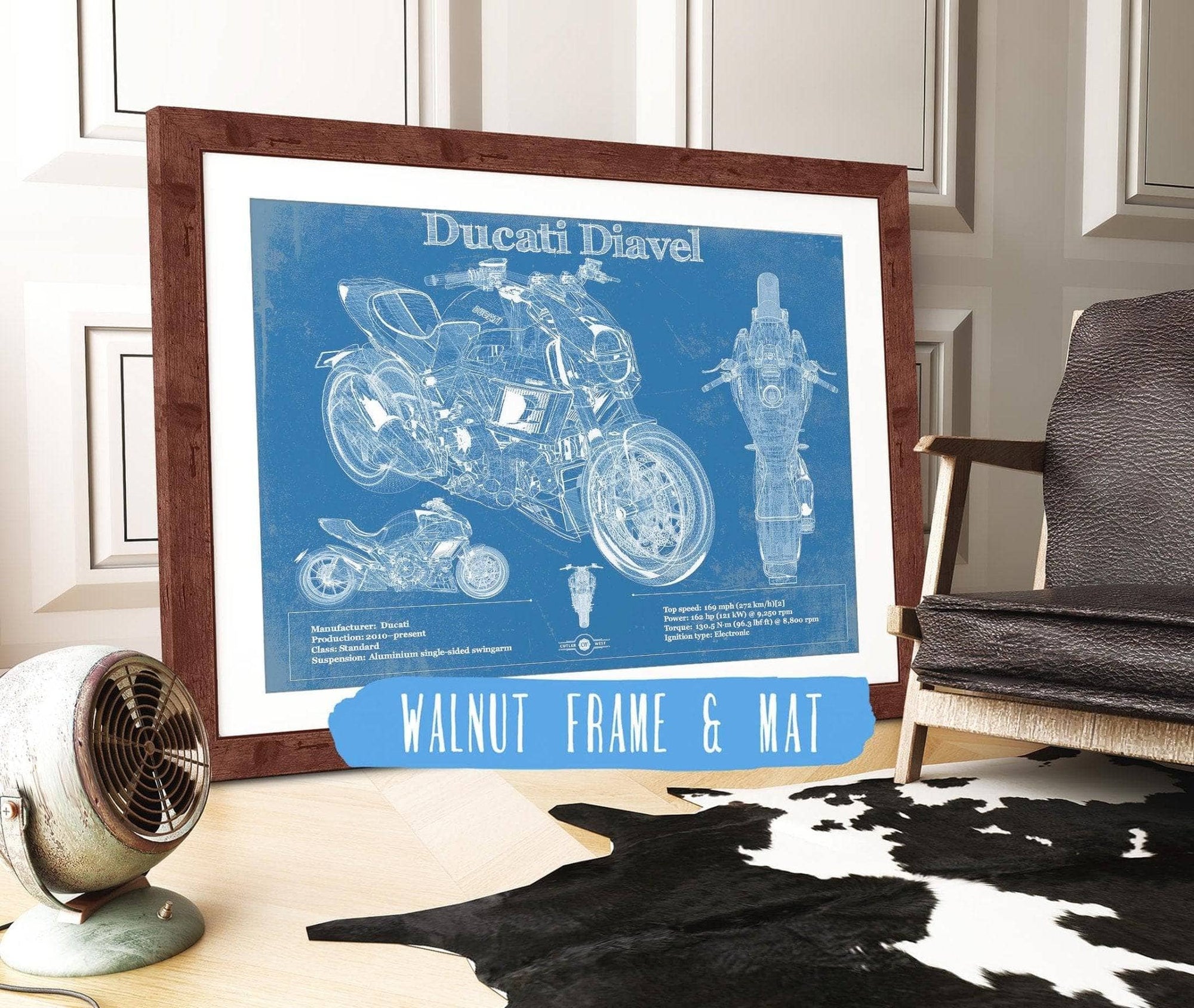 Cutler West 14" x 11" / Walnut Frame & Mat Ducati Diavel Blueprint Motorcycle Patent Print 845000332_61545
