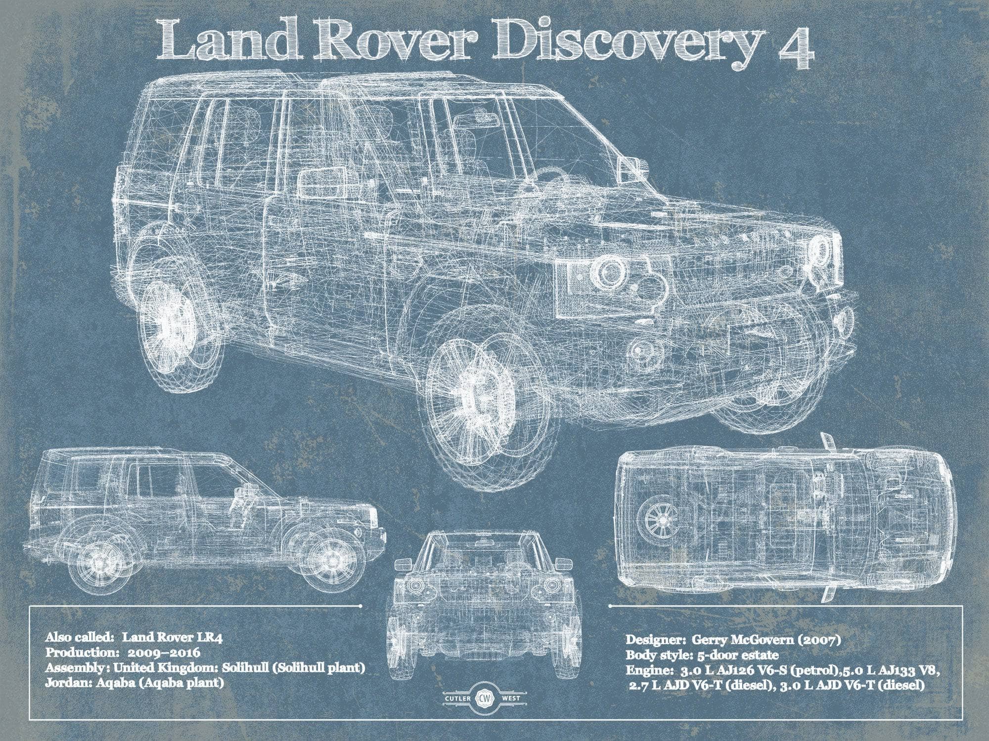 Cutler West Land Rover Collection 14" x 11" / Unframed Land Rover Discovery 4 Blueprint Vintage Auto Patent Print 906705570