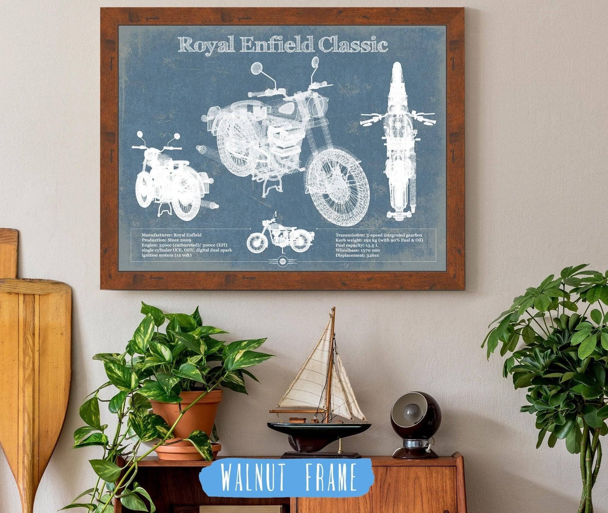 Cutler West 14" x 11" / Walnut Frame Royal Enfield Classis 350 And 500 Blueprint Motorcycle Patent Print 933350105_17675