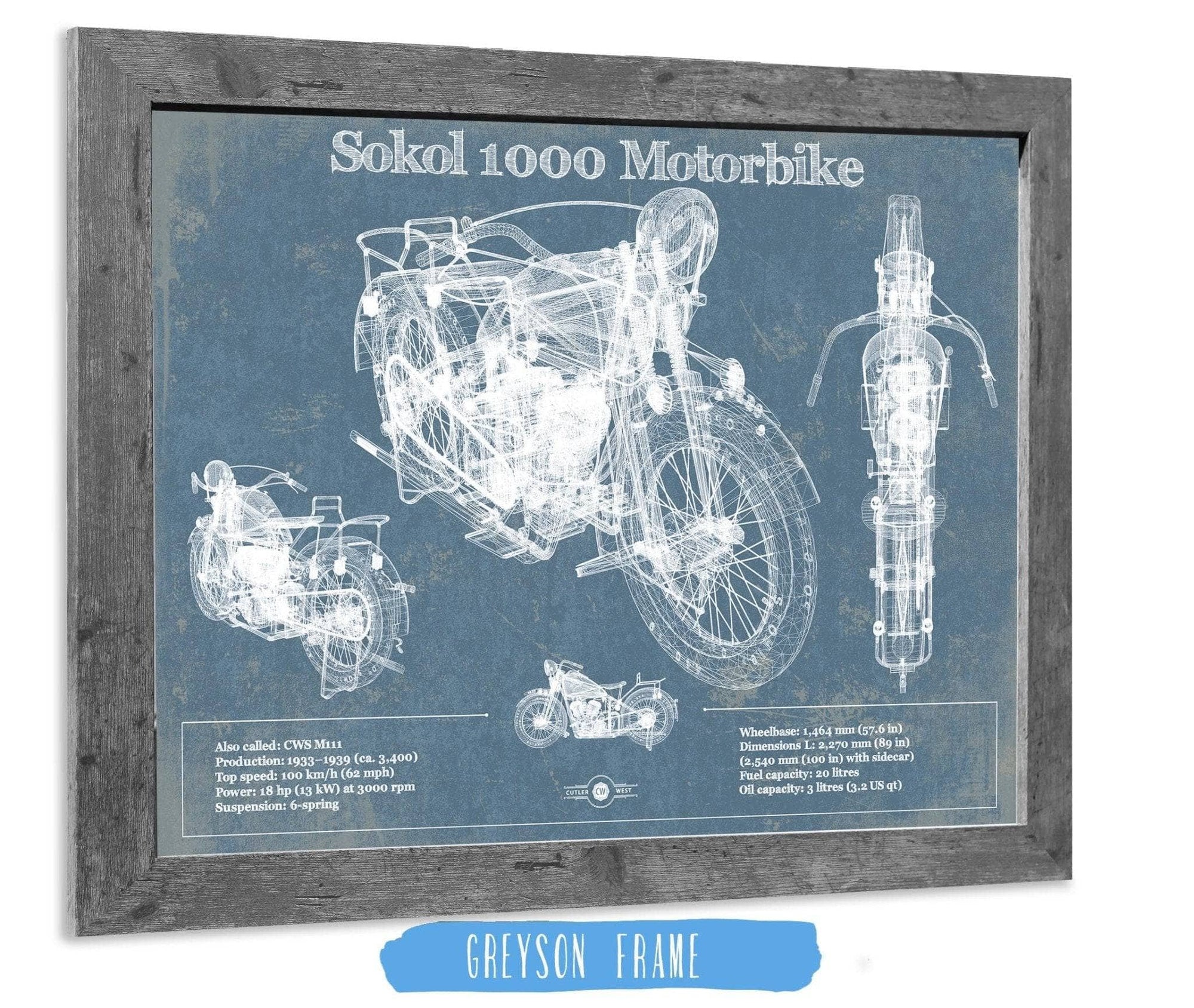 Cutler West 20" x 16" / Greyson Frame Sokol 1000 Blueprint Motorcycle Patent Print 833110076_20920