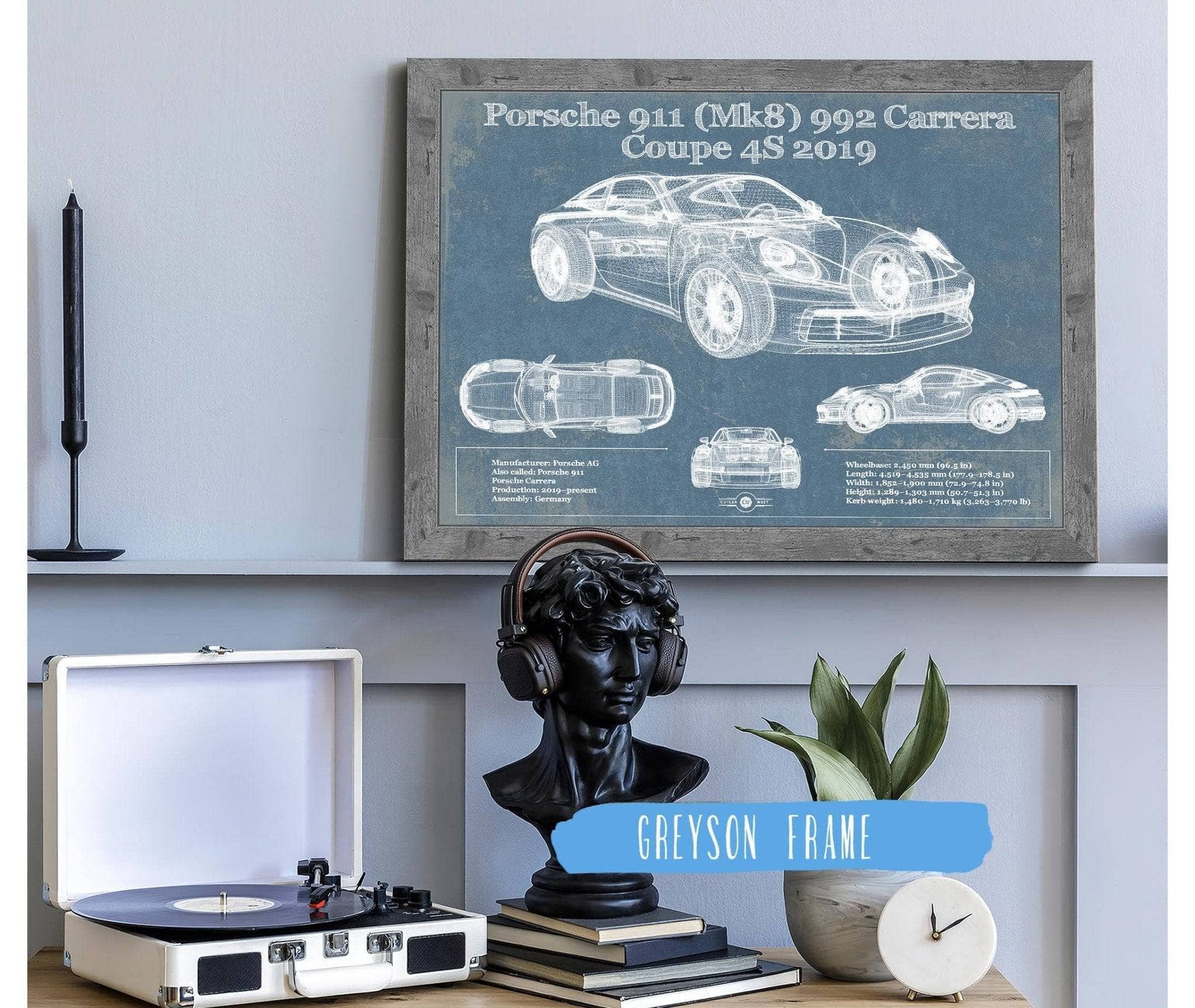Cutler West Porsche Collection 14" x 11" / Greyson Frame Porsche 911 Mk8 992 Carrera Coupe 4s 2019 Vintage Blueprint Auto Print 845000299_68560
