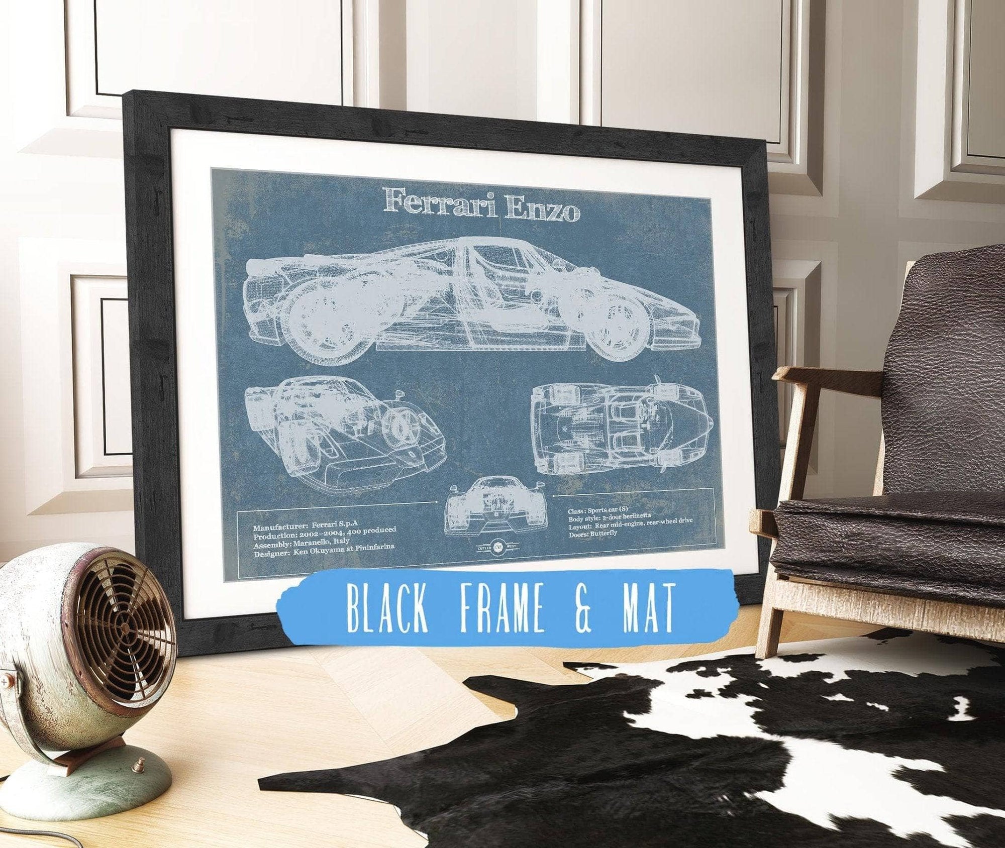 Cutler West Ferrari Collection 14" x 11" / Black Frame & Mat Ferrari Enzo Blueprint Vintage Auto Print 835000132_56857