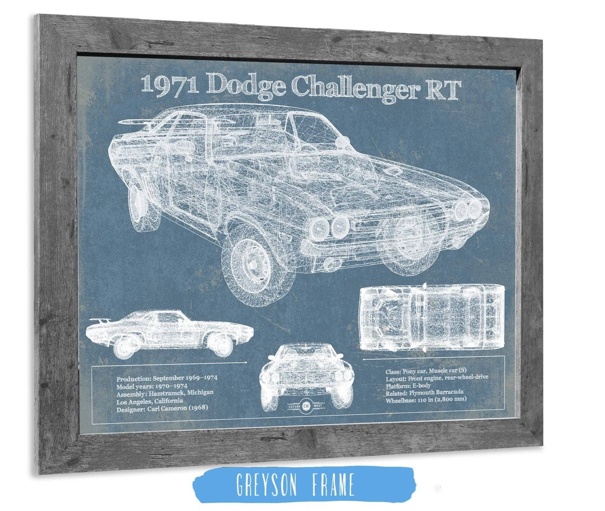 Cutler West Dodge Collection 14" x 11" / Greyson Frame 1971 Dodge Challenger Rt Car Blueprint Patent Original Art 933311096_19589