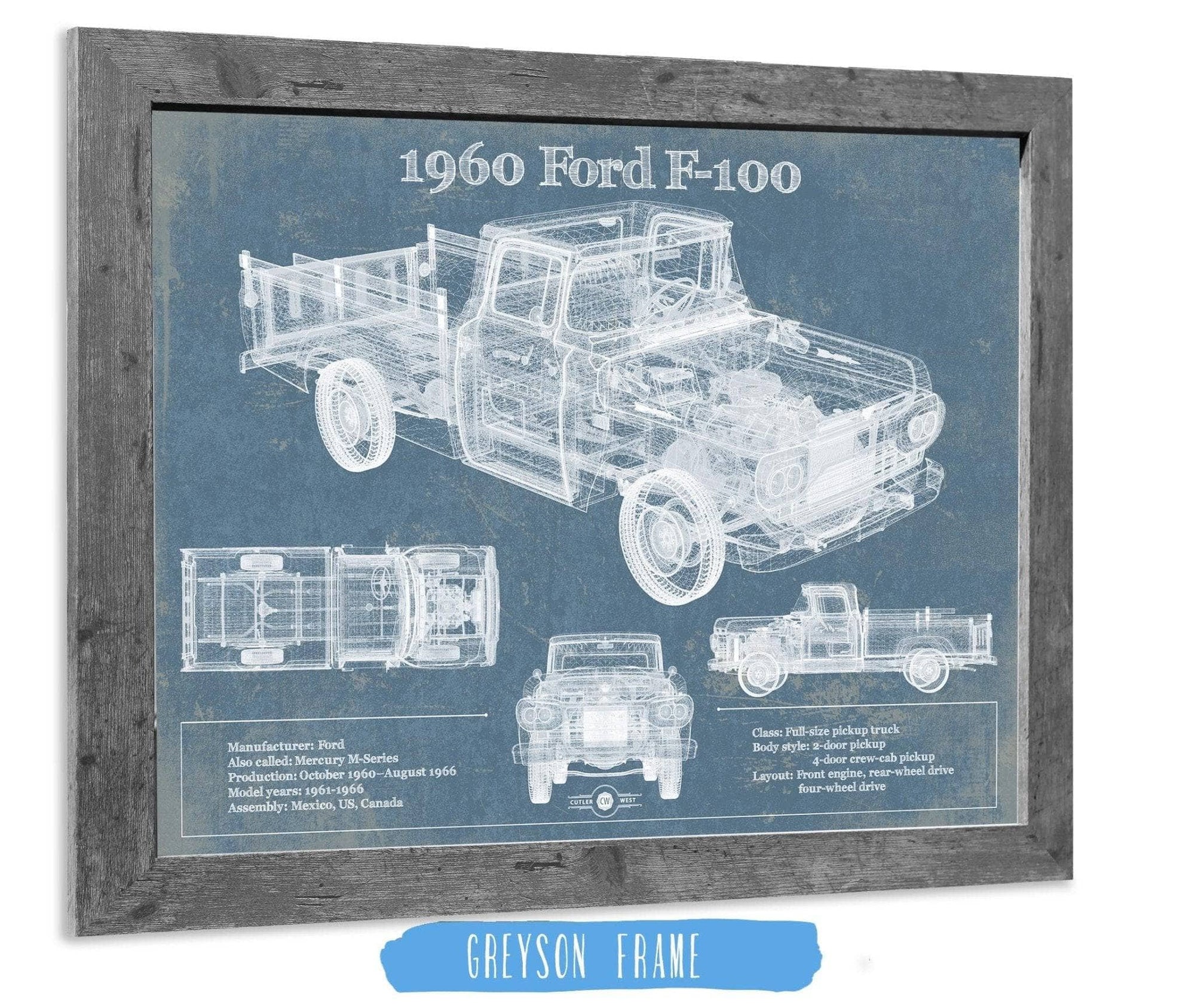Cutler West Ford Collection 14" x 11" / Greyson Frame 1960 Ford F-100 Blueprint Vintage Auto Print 933311072_11811