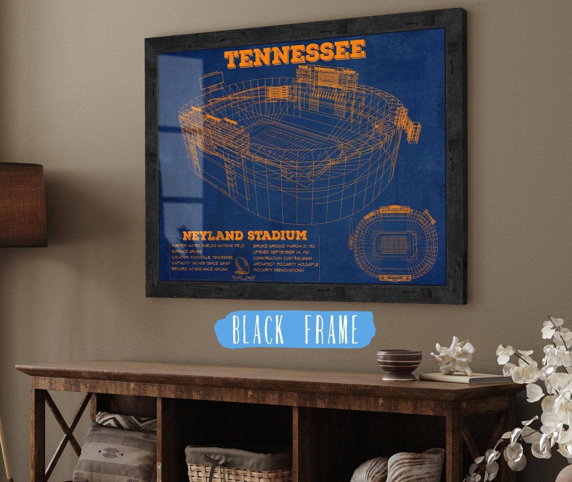 Cutler West College Football Collection 14" x 11" / Black Frame Vintage Tennessee Volunteers Neyland Stadium Blueprint Wall Art 639923438-TOP