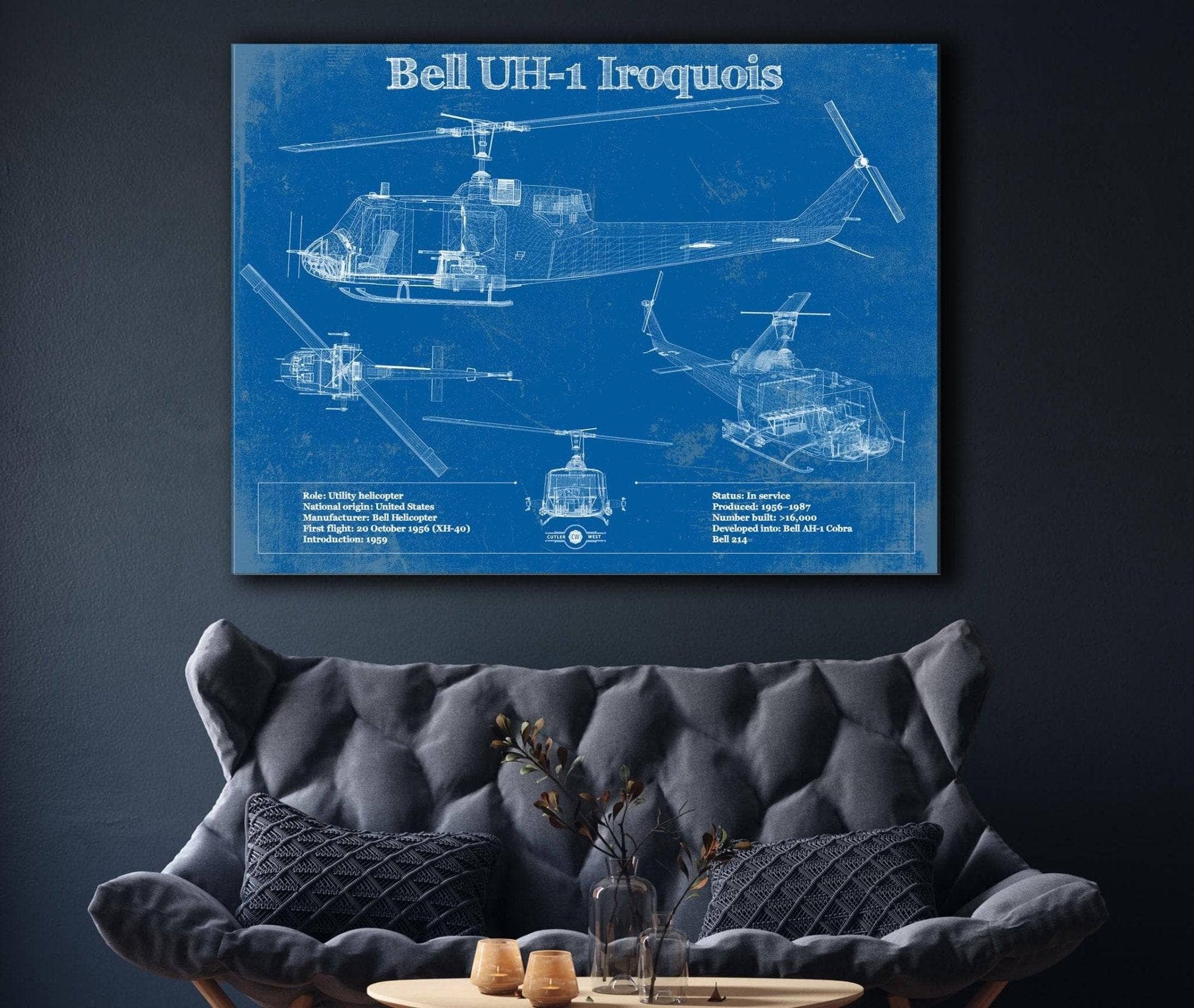 Cutler West Military Aircraft Bell UH-1 Iroquois (Huey) Vintage Blueprint Helicopter Print