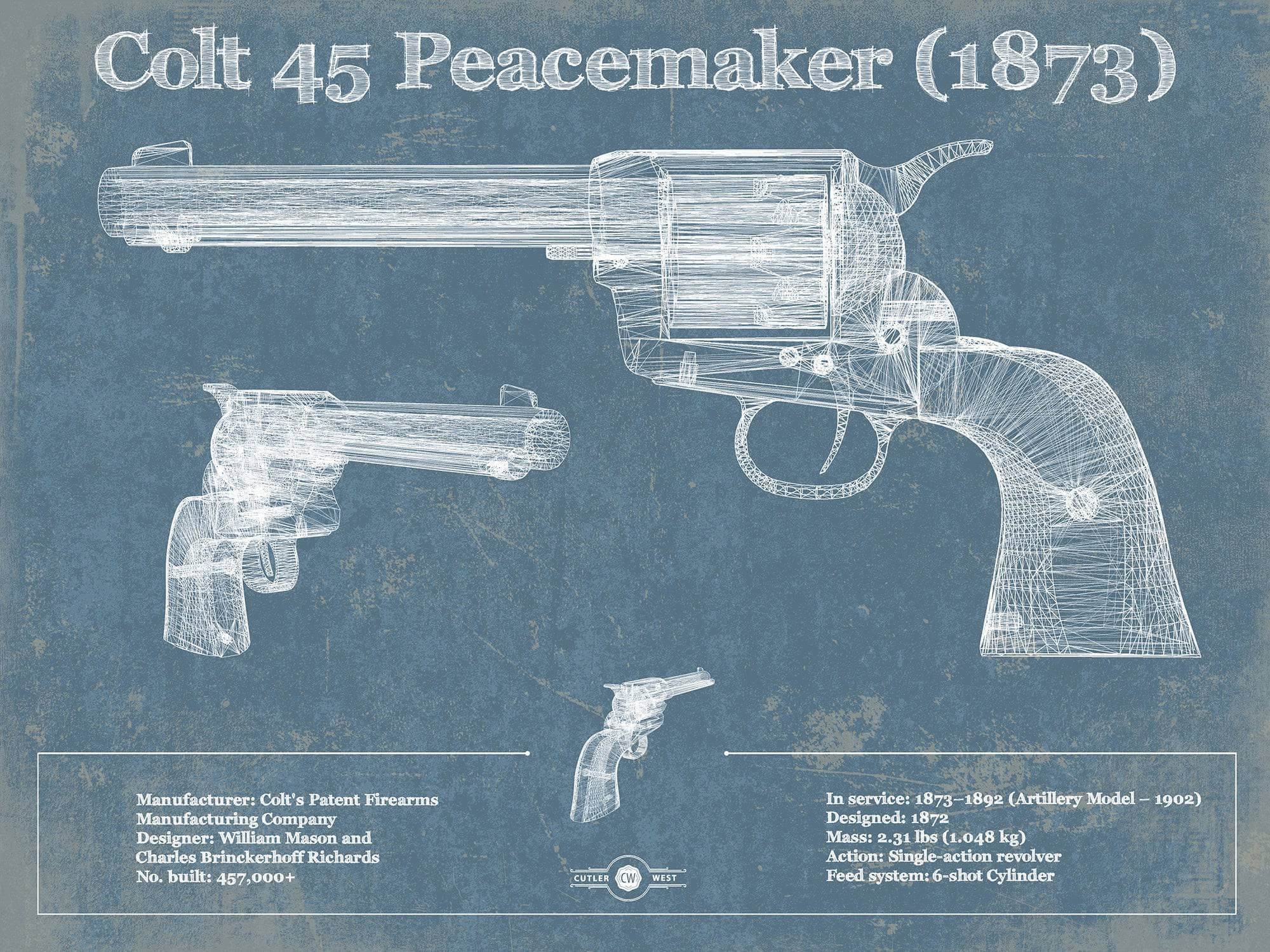Cutler West Military Weapons Collection 14" x 11" / Unframed Colt 45 Peacemaker 1873 Blueprint Vintage Gun Print 892159293_54149