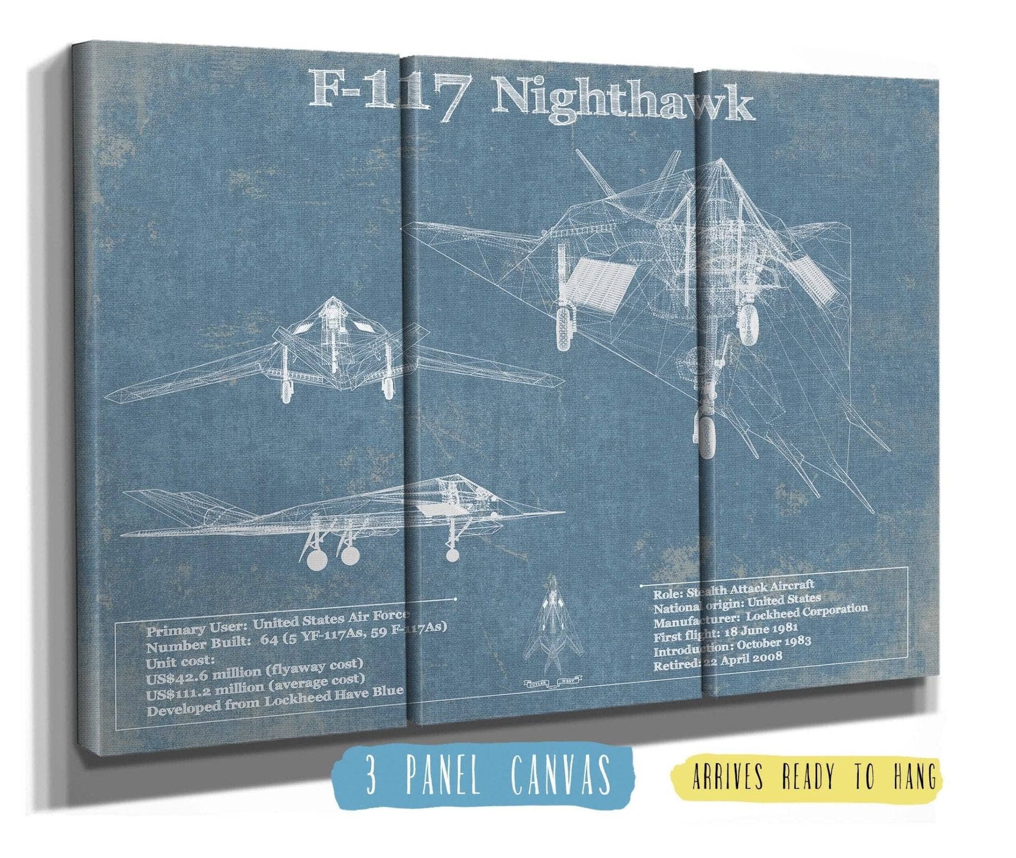 Cutler West Military Aircraft 48" x 32" / 3 Panel Canvas Wrap F-117 Nighthawk Military Aircraft Patent - Blueprint Military Wall Art 766208918_62317