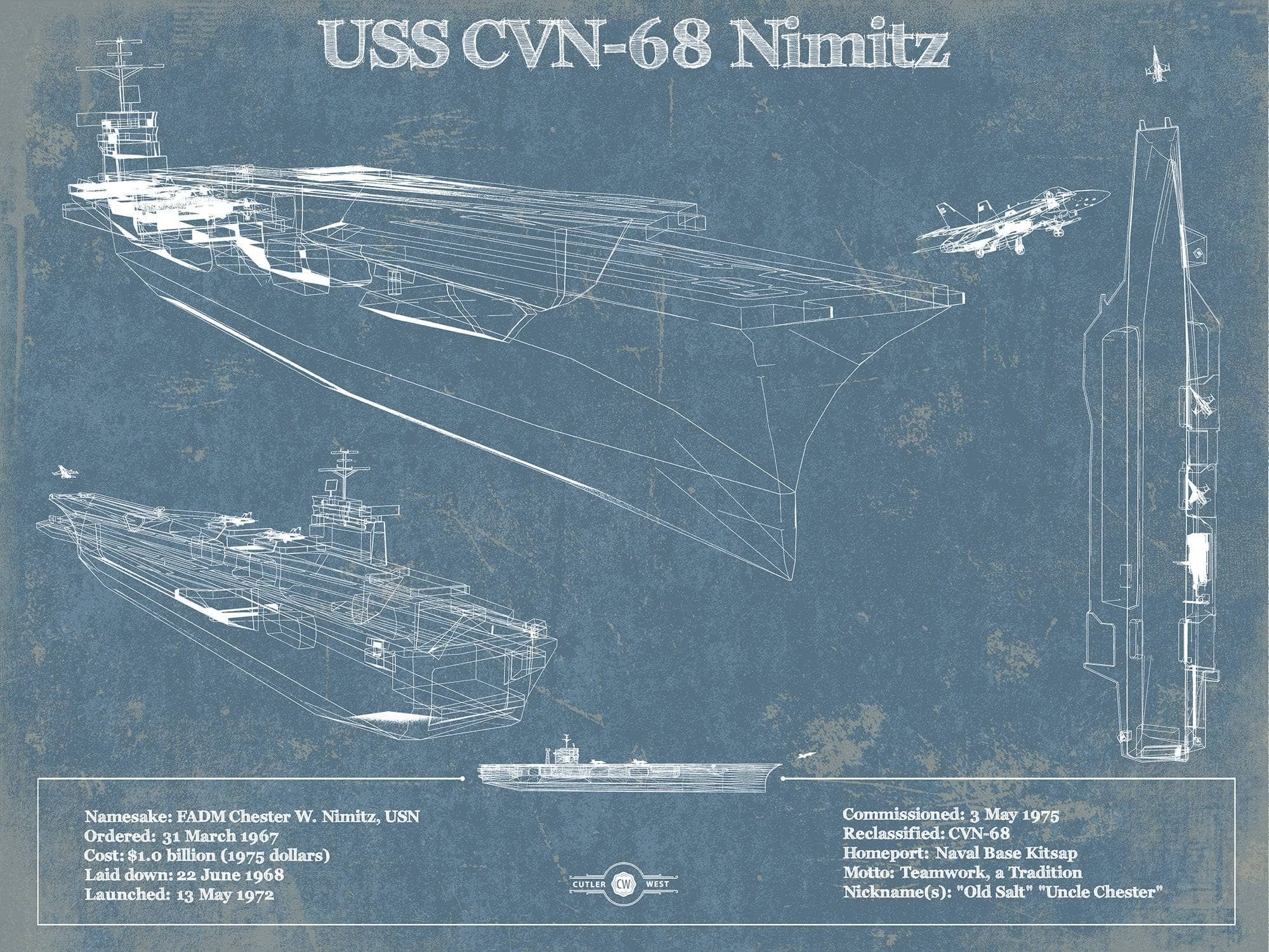 Cutler West Naval Military 14" x 11" / Unframed USS Nimitz CVN-68 Aircraft Carrier Blueprint Original Military 882103634_30258