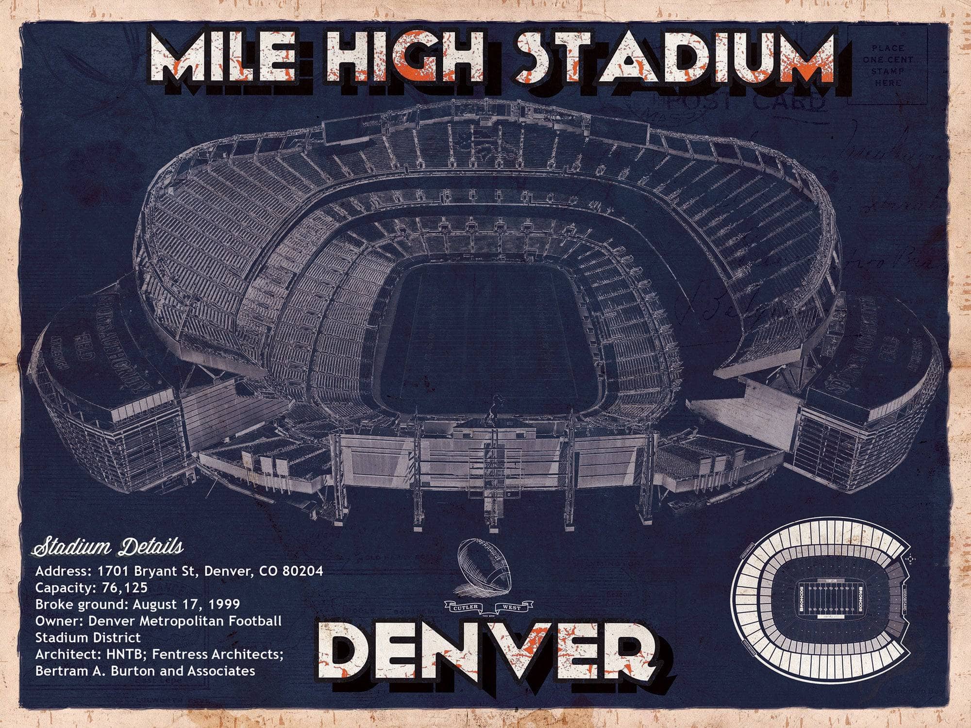 Cutler West Pro Football Collection 14" x 11" / Unframed Denver Broncos Vintage Sports Authority Field - Vintage Football Print 635800348-TOP_55469