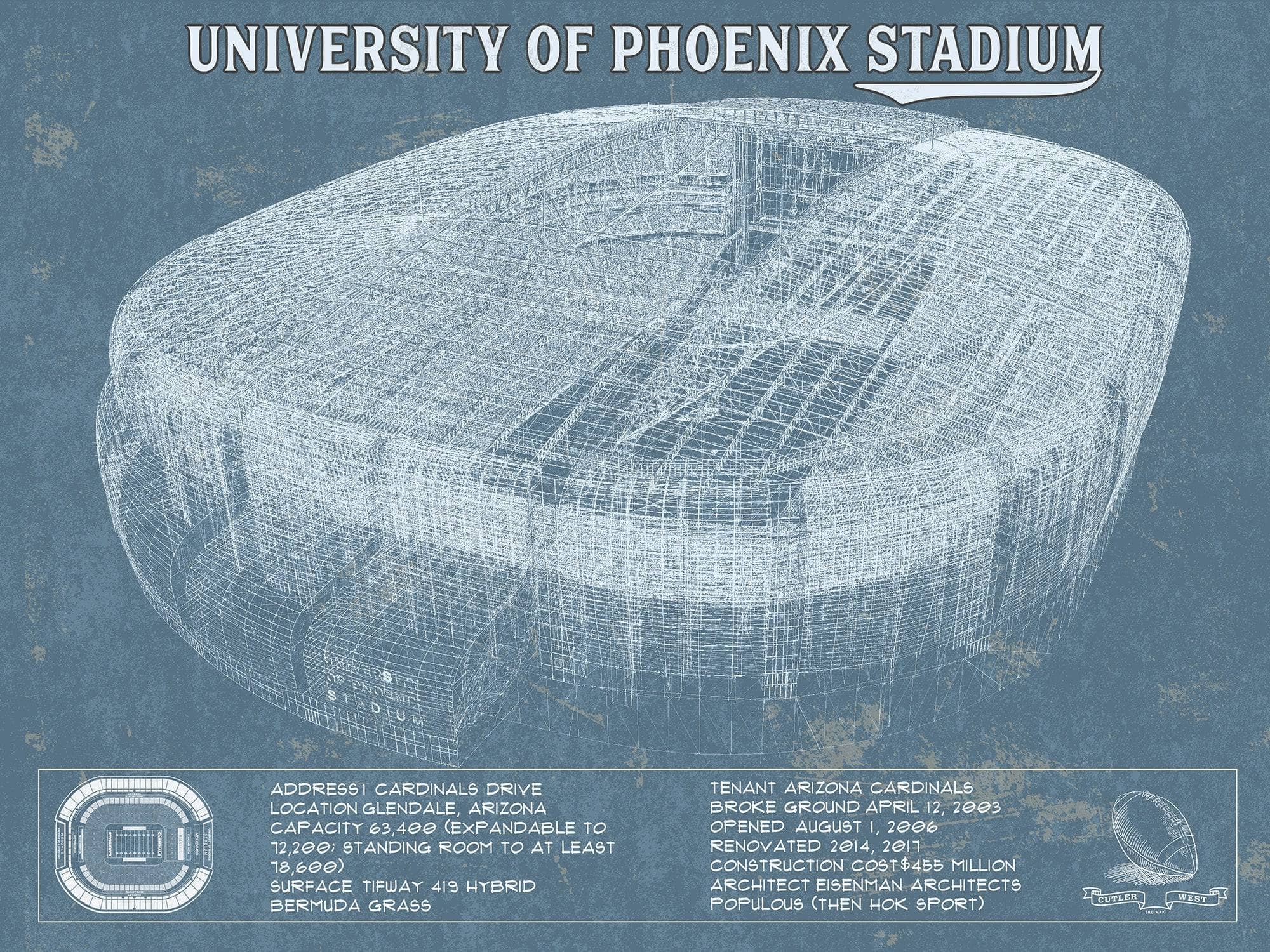 Cutler West Pro Football Collection 14" x 11" / Unframed Arizona Cardinals University Of Phoenix Stadium Vintage Football Print 235353089