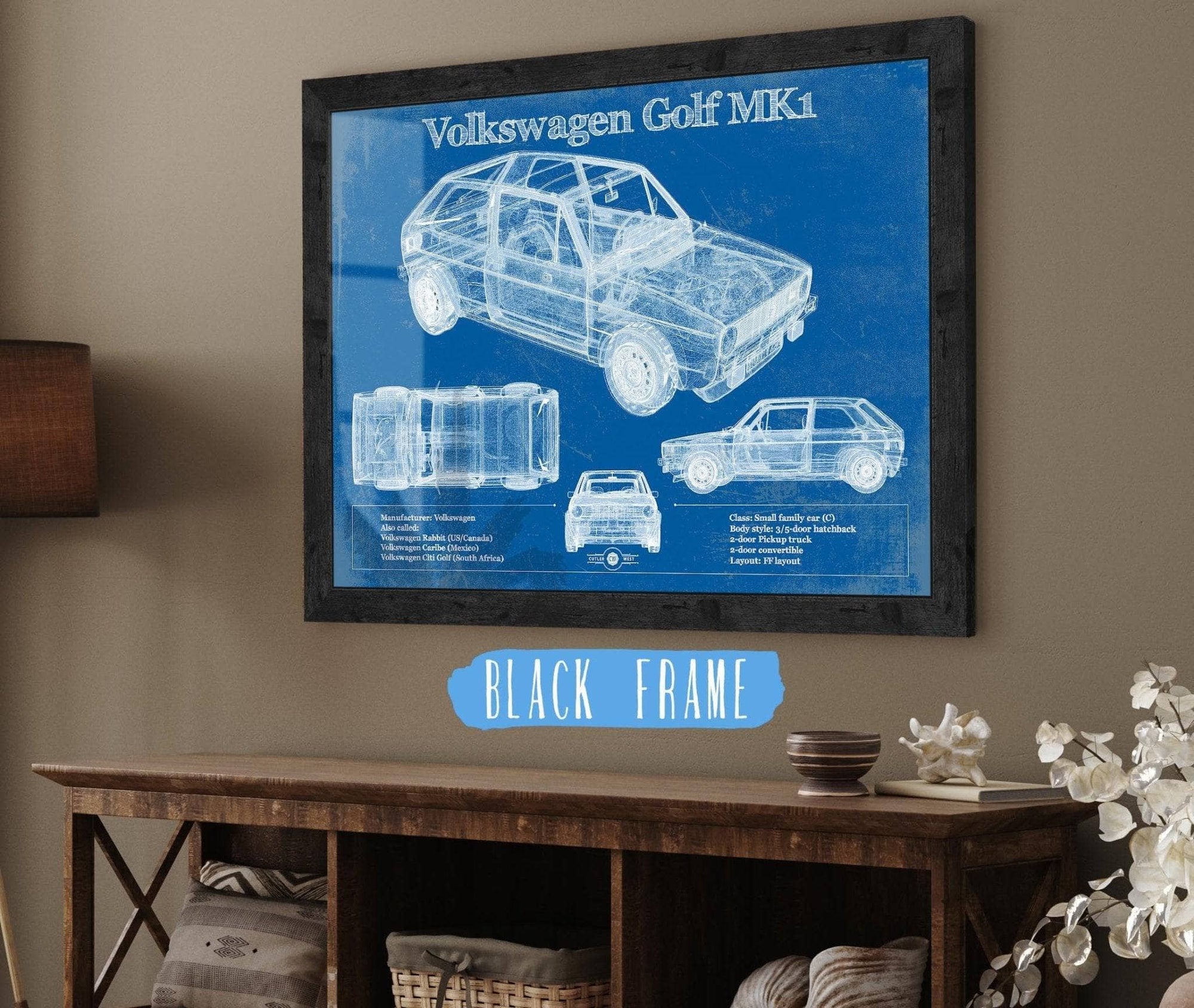 Cutler West Vehicle Collection Volkswagen Golf MK1 Vintage Blueprint Auto Print