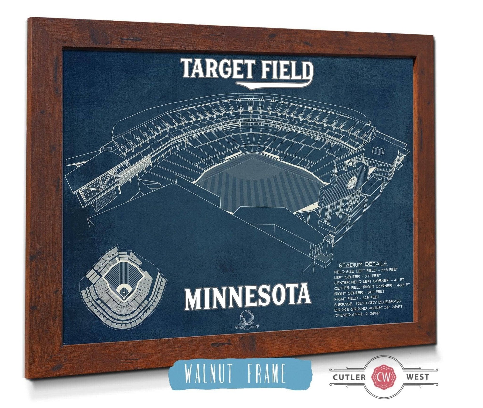 Cutler West Baseball Collection 14" x 11" / Walnut Frame Vintage Minnesota Twins - Target Field Baseball Print 694510511-14"-x-11"19717