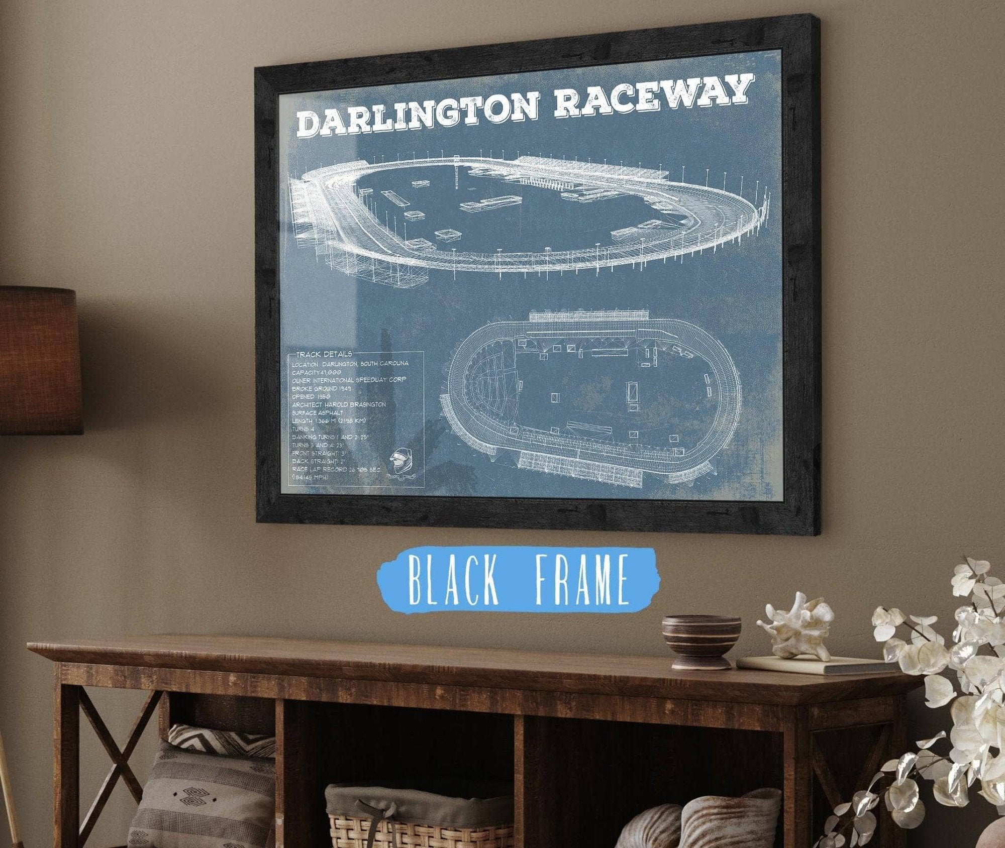 Cutler West Racetrack Collection 14" x 11" / Black Frame Darlington Raceway Blueprint NASCAR Race Track Print 731939862_55998