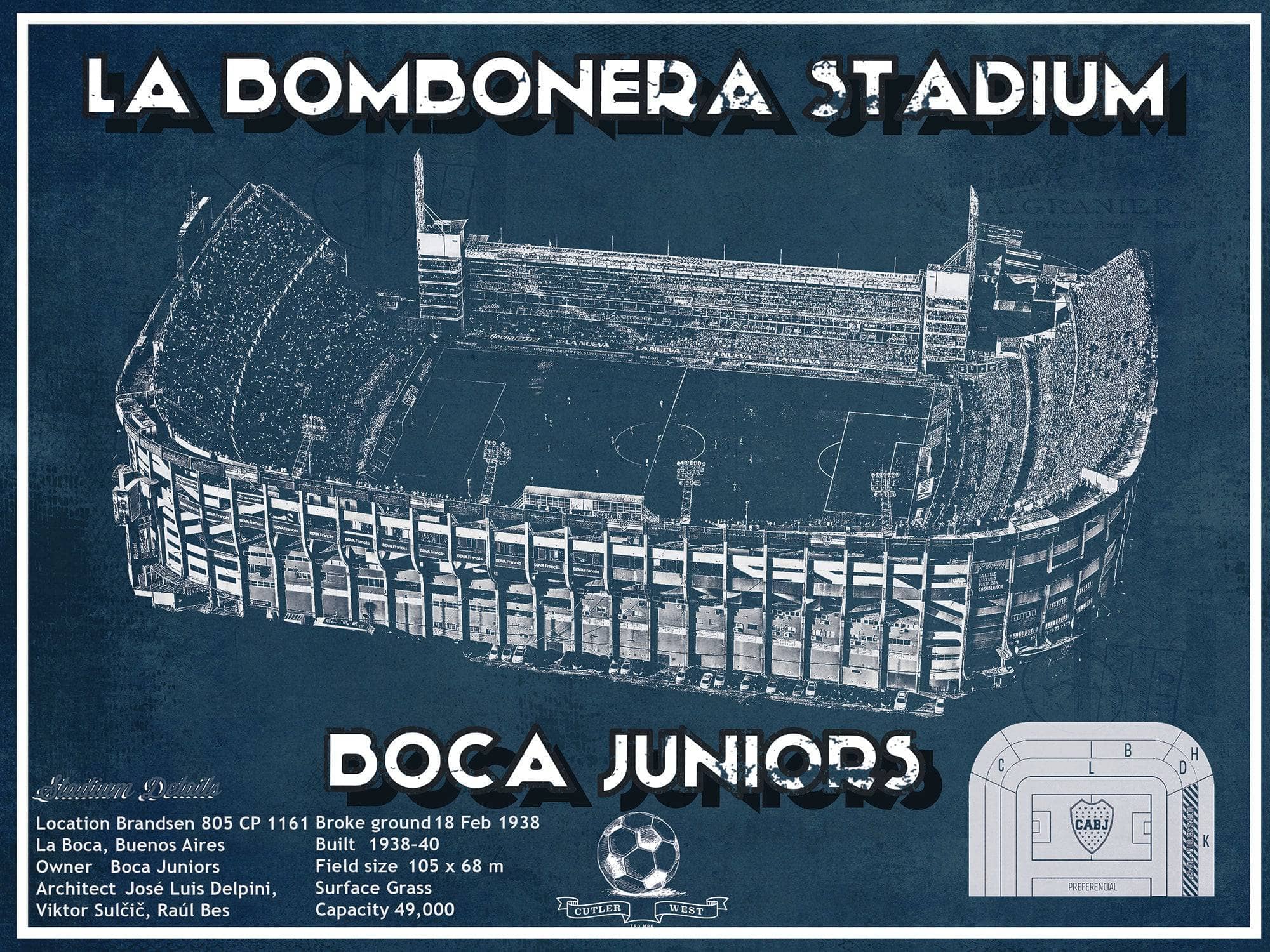 Cutler West Soccer Collection 14" x 11" / Unframed Boca Juniors F.C La Bombonera Stadium Soccer Print 2 734227953-TOP