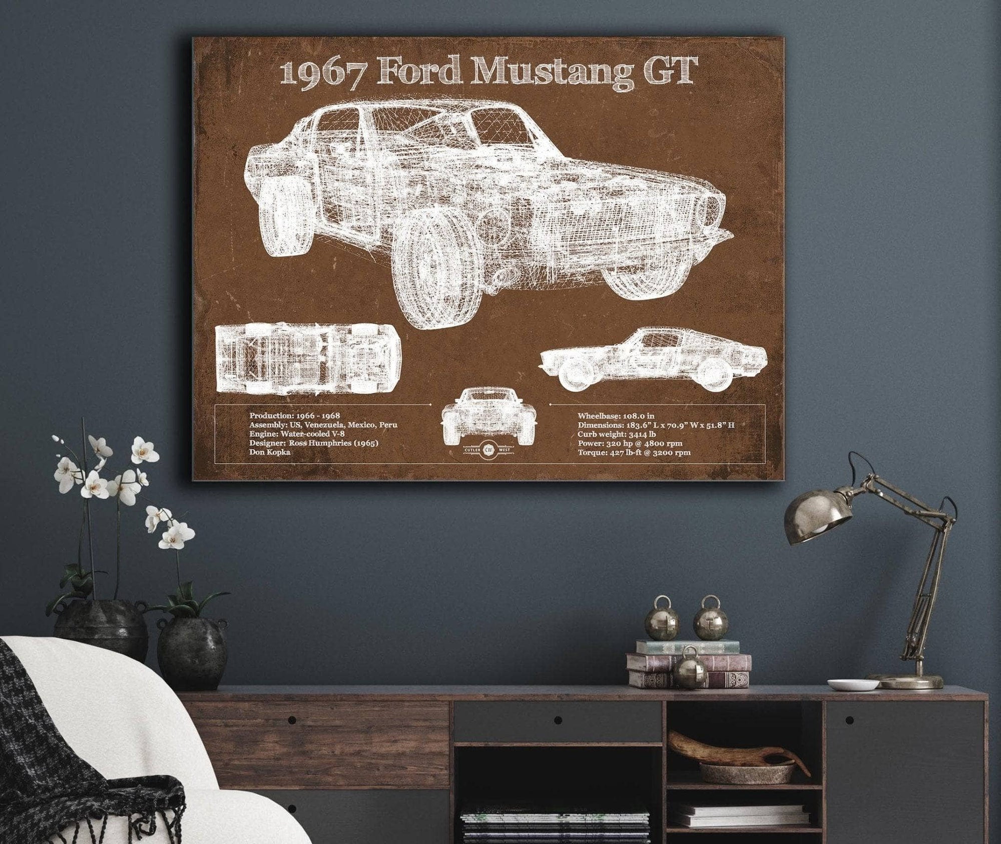 Cutler West Ford Collection 1967 Ford Mustang GT Blueprint Vintage Auto Print