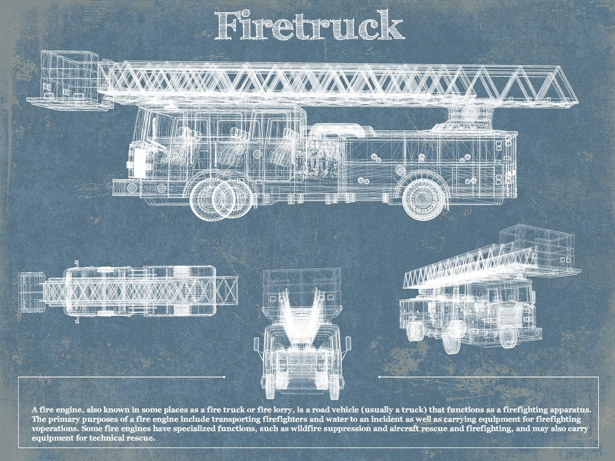 Cutler West Vehicle Collection Fire Truck Vintage Blueprint Auto Print
