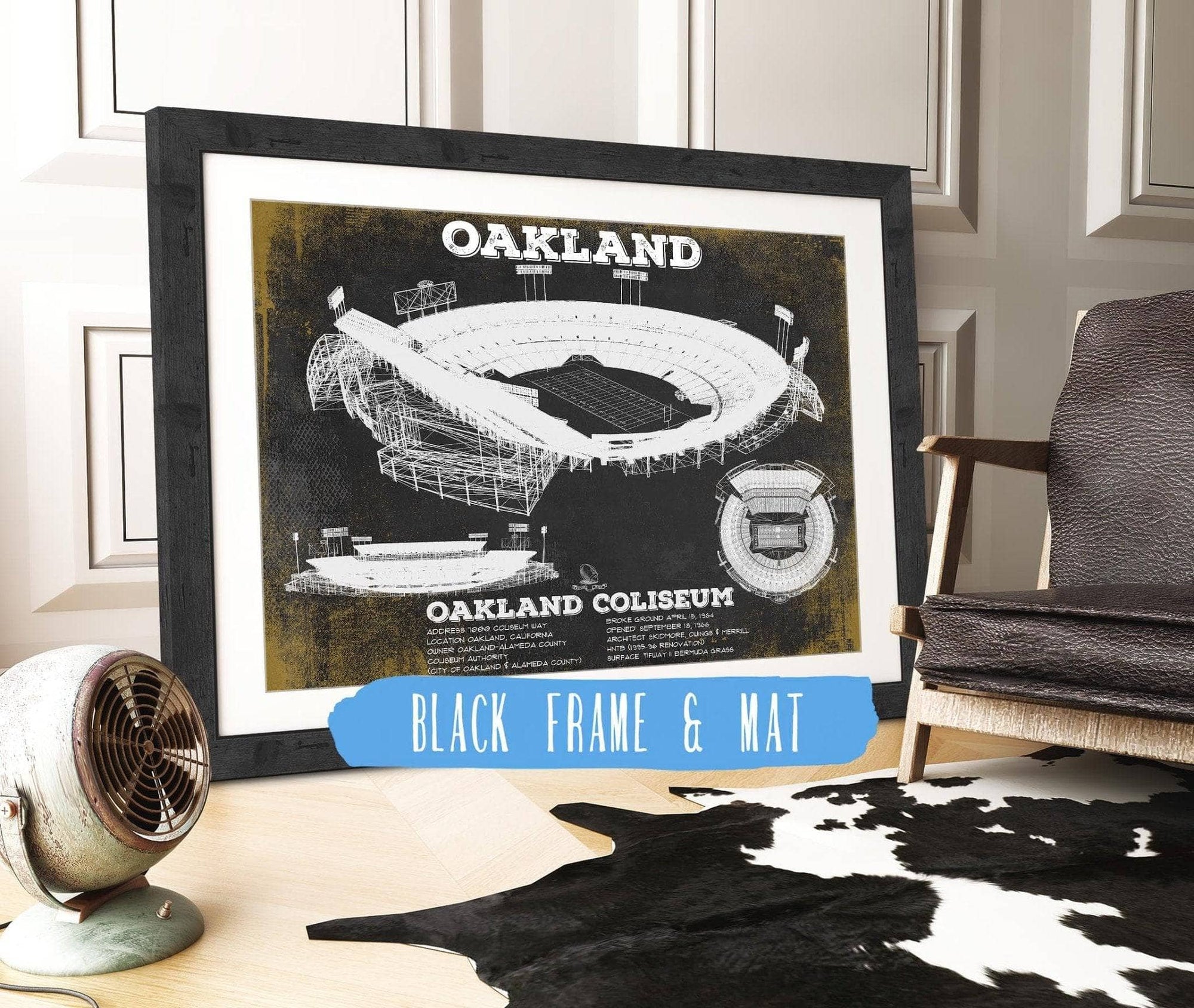 Cutler West Pro Football Collection 14" x 11" / Black Frame & Mat Oakland Raiders Team Colors Oakland Coliseum NFL Vintage Football Print 933350154_70429
