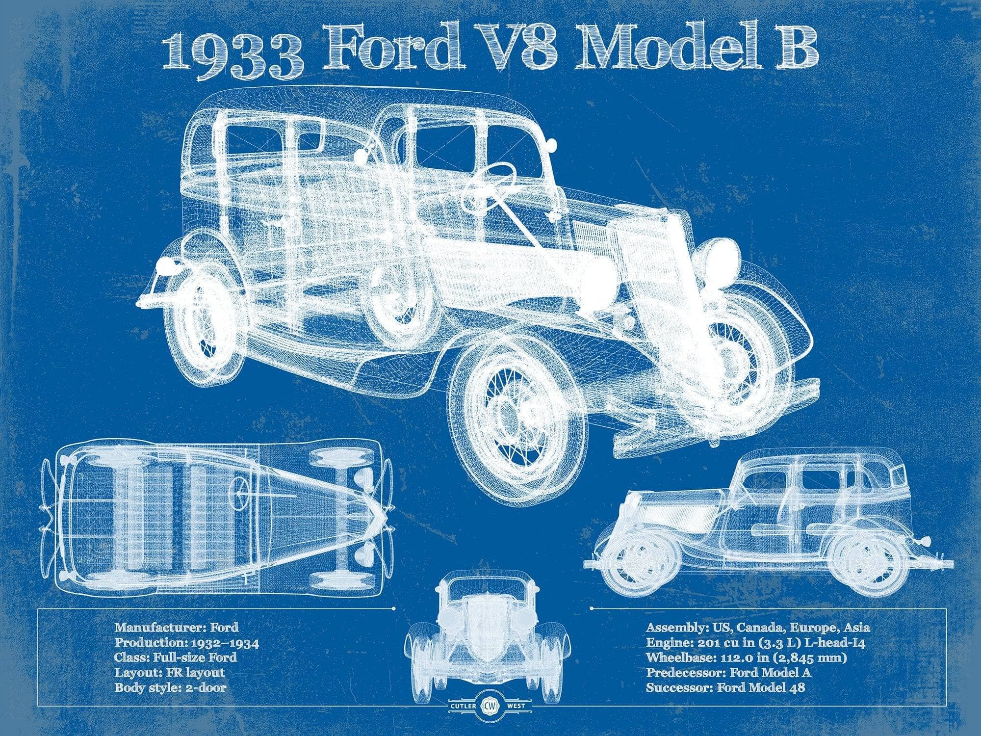 Cutler West Ford Collection 14" x 11" / Unframed 1933 Ford V8 Model B Vintage Blueprint Auto Print 933311098_32370