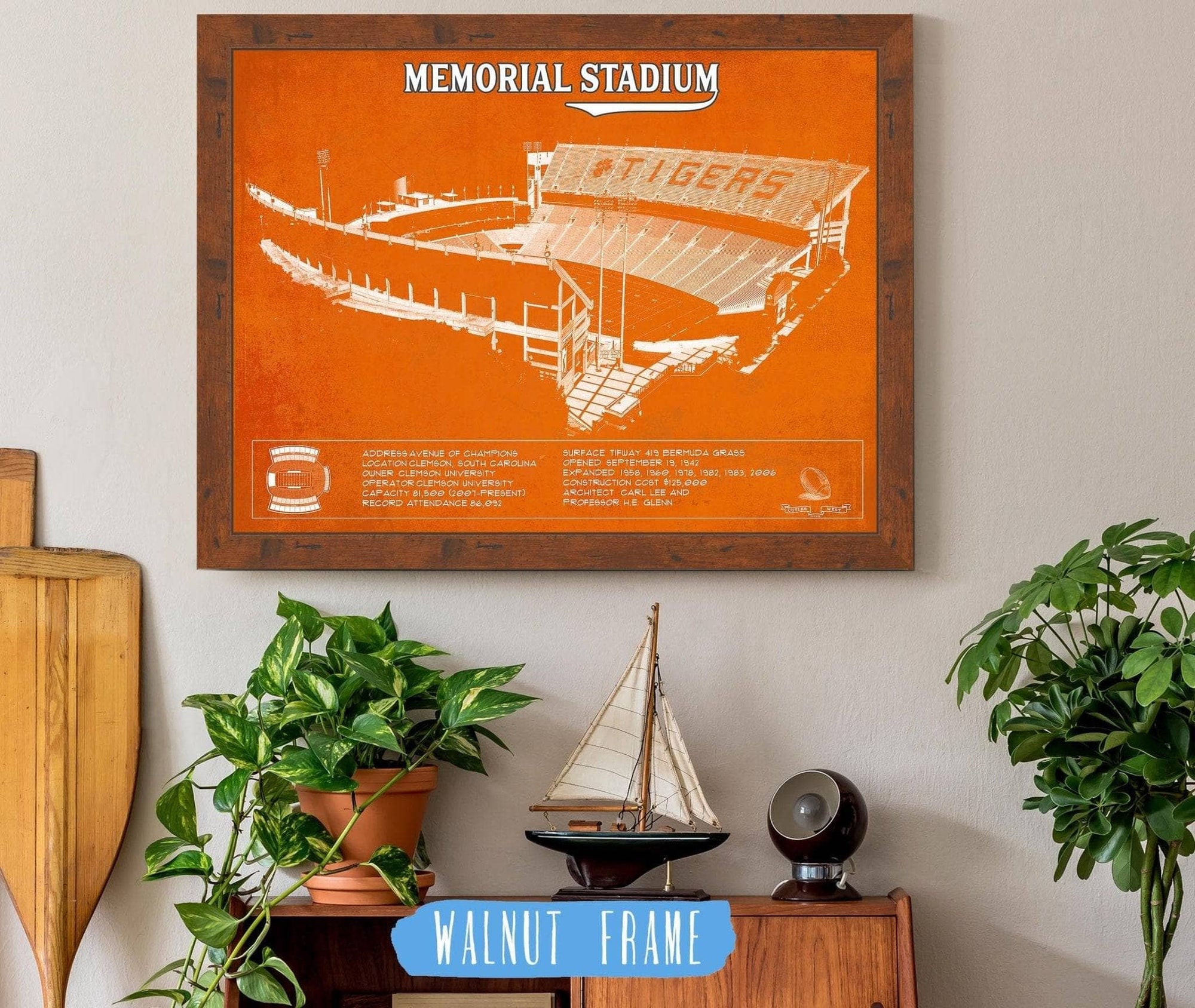 Cutler West College Football Collection 14" x 11" / Walnut Frame Memorial Stadium Clemson Tigers Team Color NCAA Vintage Football Blueprint Art 650244190-TEAM_54482