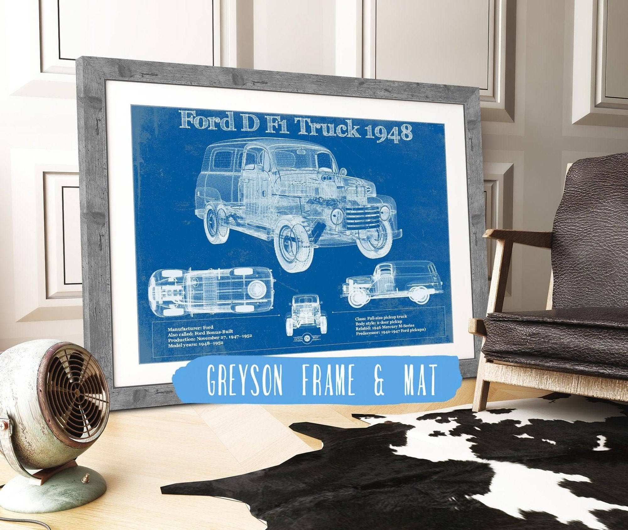 Cutler West Ford Collection 14" x 11" / Greyson Frame & Mat Ford D F1 1948 Truck Vintage Blueprint Auto Print 945000336