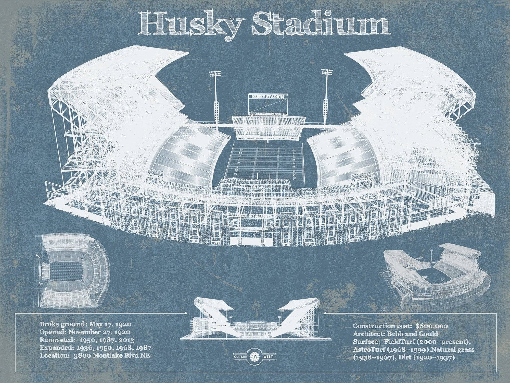 Cutler West 14" x 11" / Unframed Washington Huskies Art Blue Version - Husky Stadium Vintage Stadium Blueprint Art Print 835000009-14"-x-11"59495