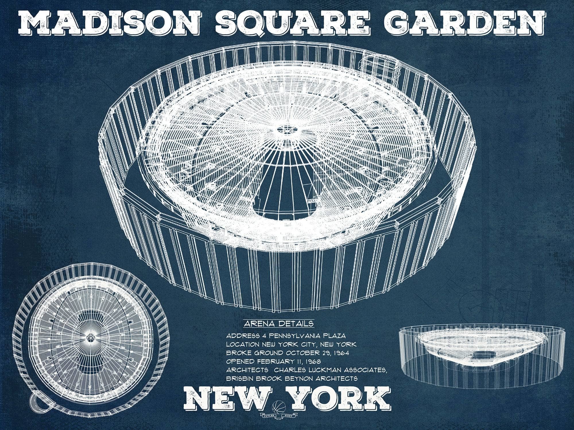 Cutler West Basketball Collection 14" x 11" / Unframed New York Knicks - Madison Square Garden Vintage Blueprint  NBA Basketball NBA Print 723002972_64642