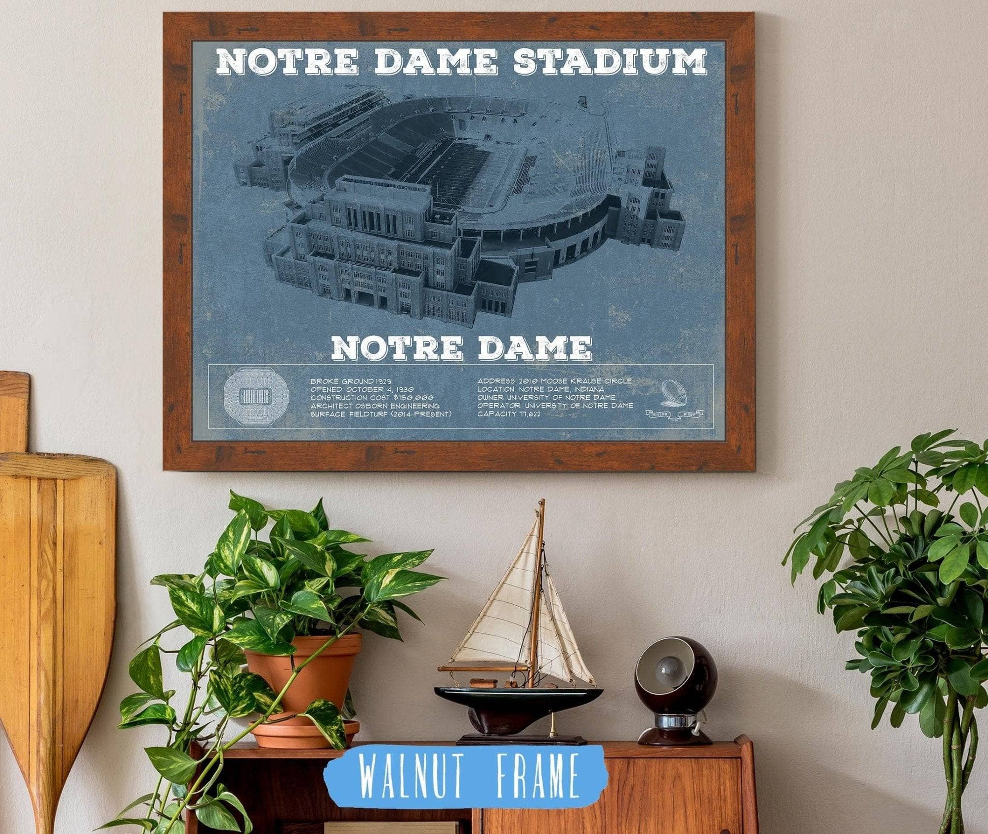 Cutler West College Football Collection 14" x 11" / Walnut Frame Notre Dame Stadium Vintage Art Print 933350155_70760
