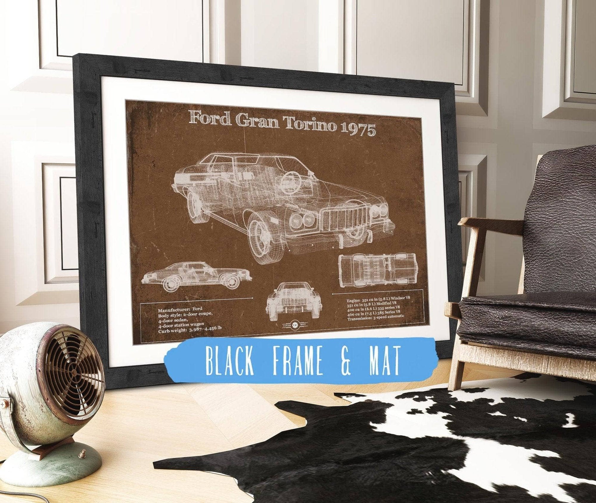 Cutler West Ford Collection 14" x 11" / Black Frame & Mat Ford Gran Torino 1975 Blueprint Vintage Auto Print 933350038_54811