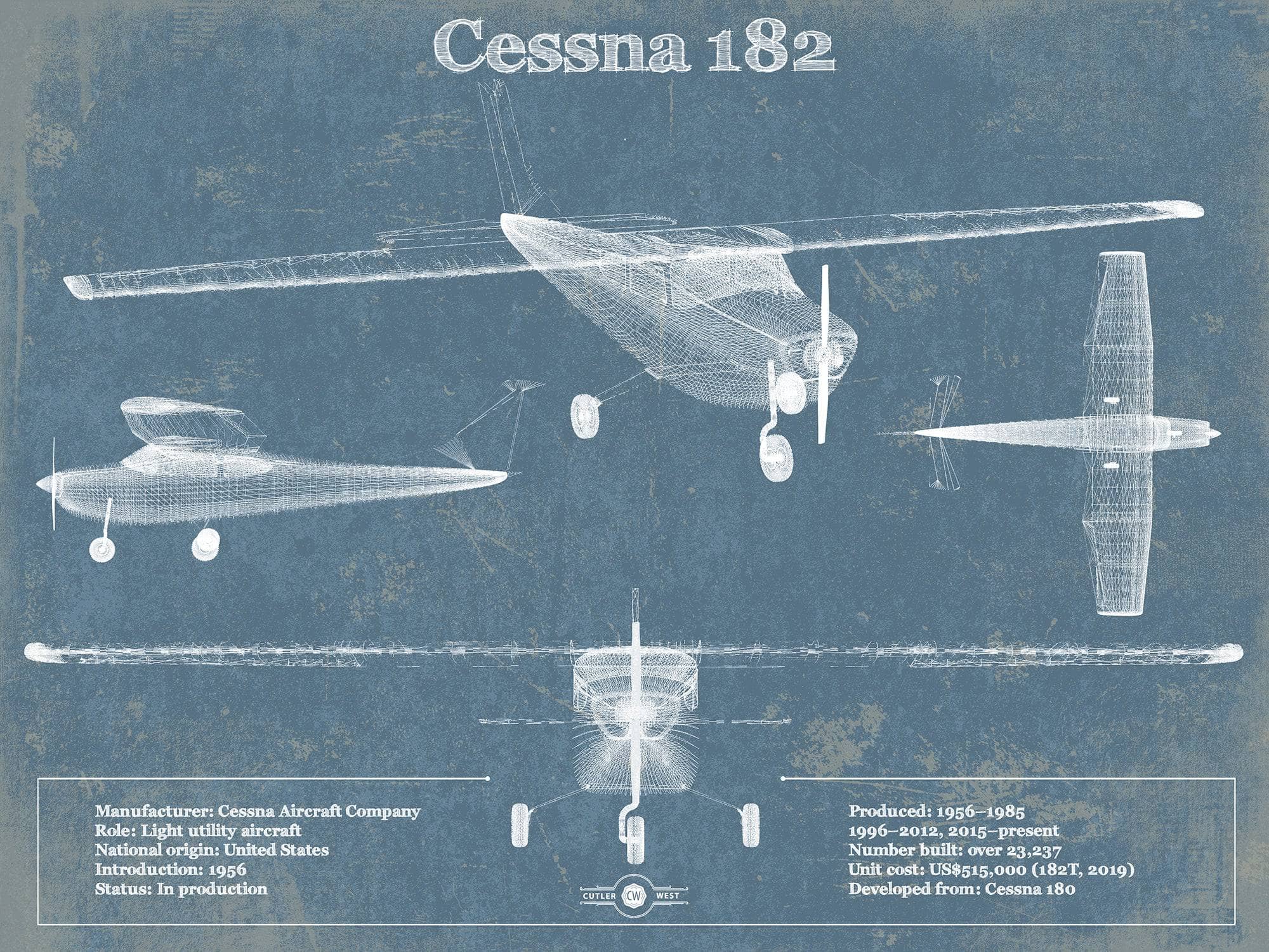 Cutler West Cessna Collection 14" x 11" / Unframed Cessna 182 Original Blueprint Art 833110103-TOP
