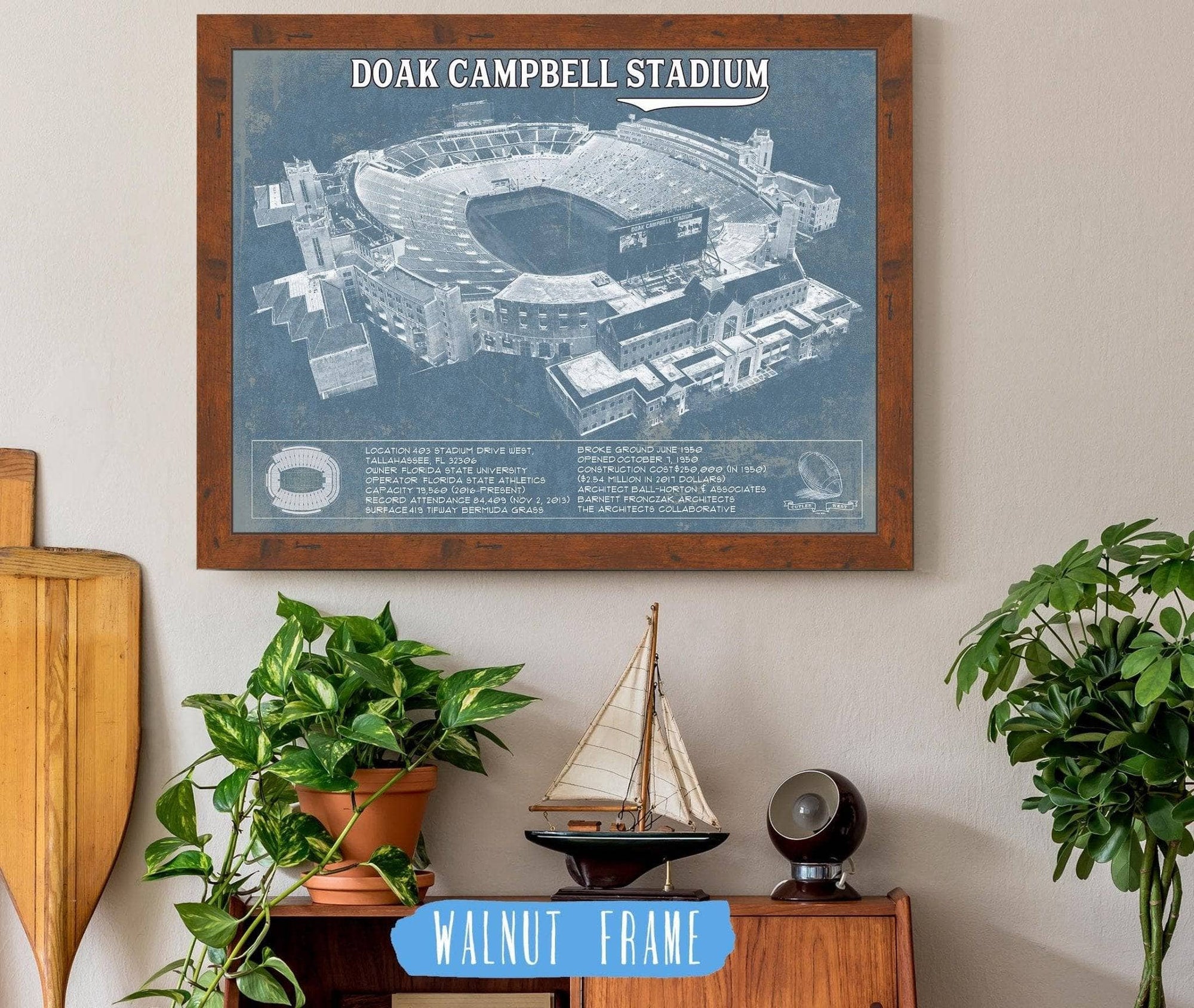 Cutler West College Football Collection 14" x 11" / Walnut Frame Florida State Seminoles Doak Campbell Stadium Vintage FSU College Football Team Color Art Print 933350148_55208