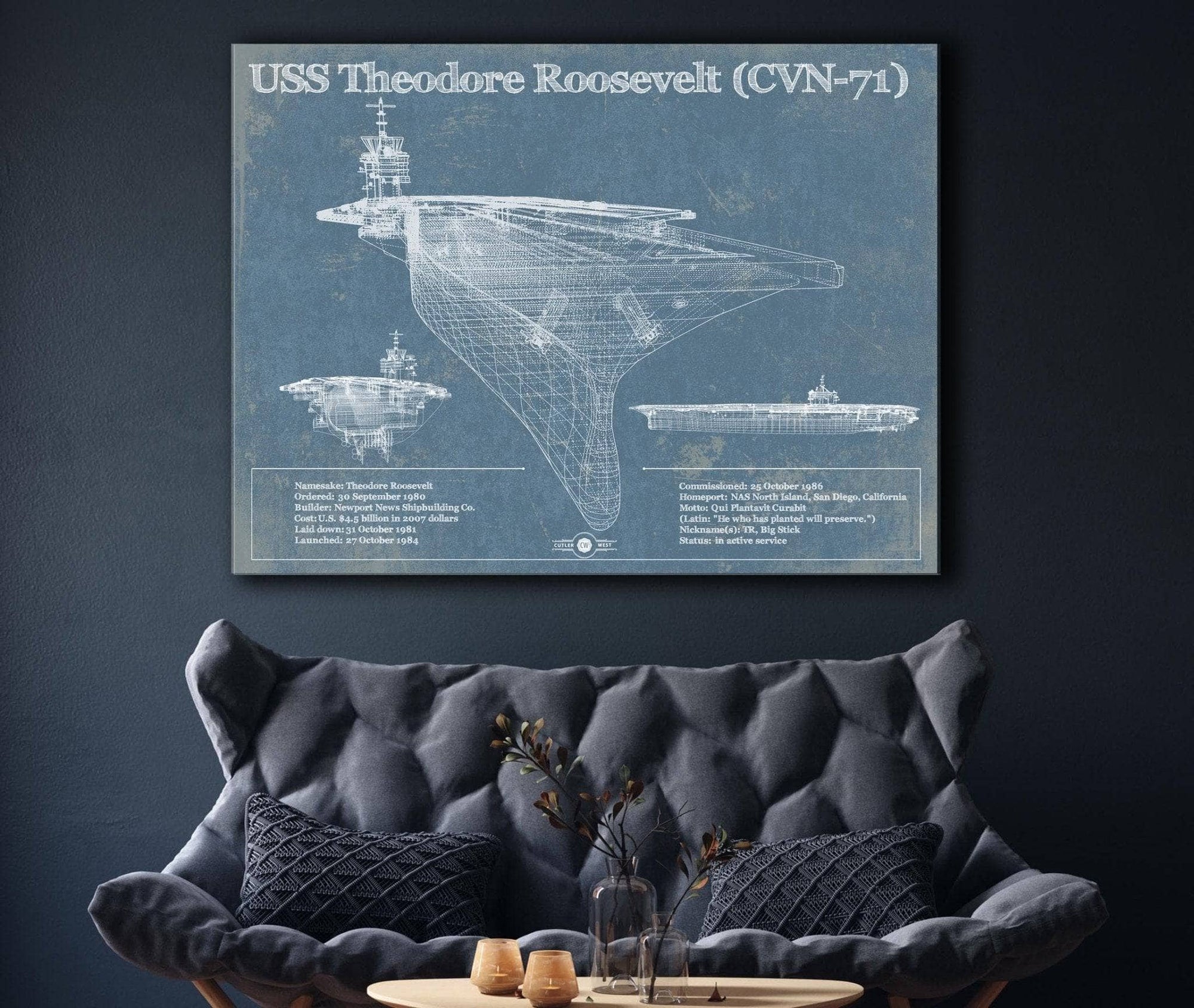 Cutler West Naval Military USS Theodore Roosevelt Aircraft Carrier Blueprint Original Military Wall Art