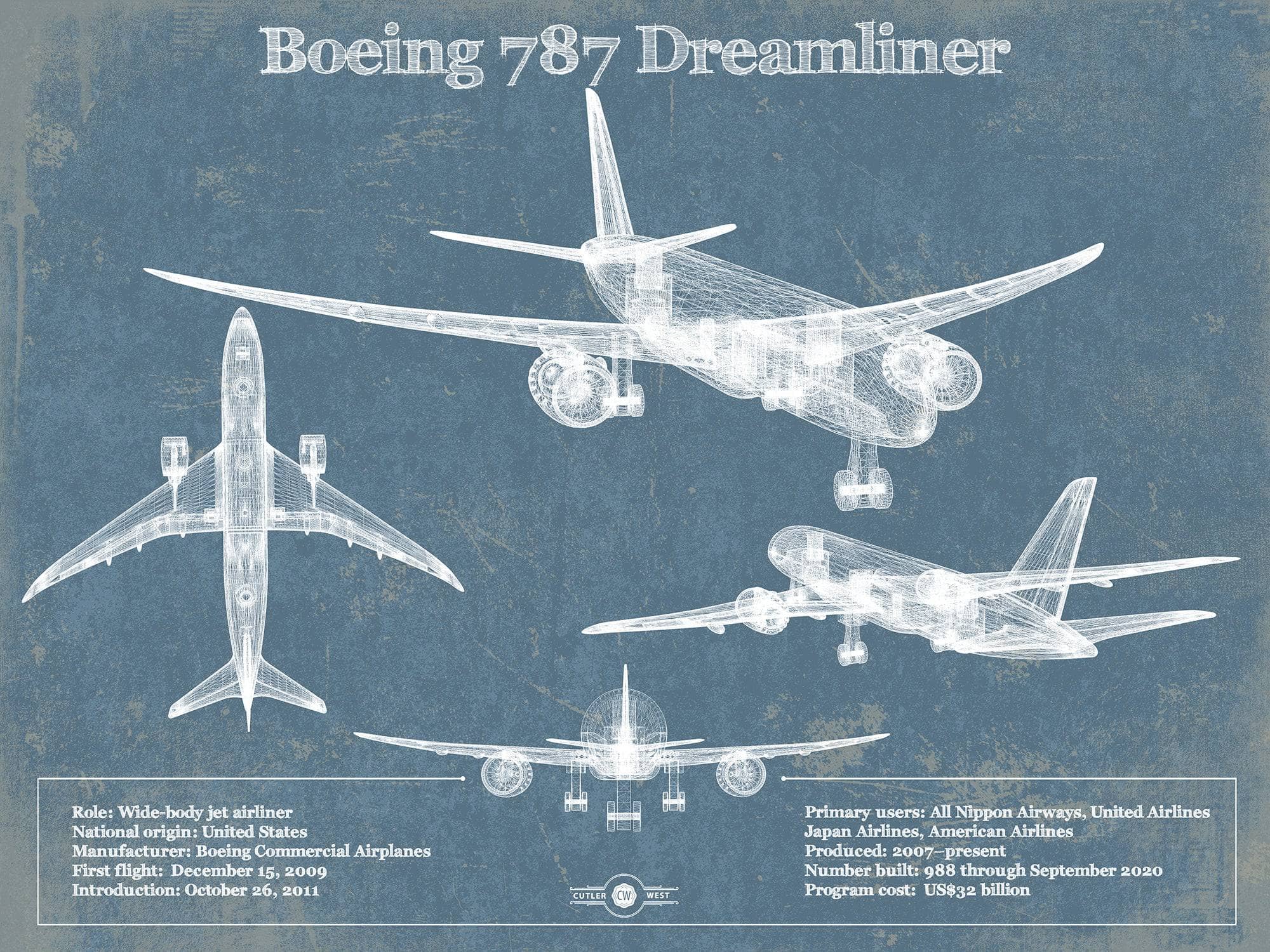 Cutler West 14" x 11" / Unframed Boeing 787 Dreamliner Vintage Aviation Blueprint Print - Custom Pilot Name Can Be Added 897604203-14"-x-11"47285