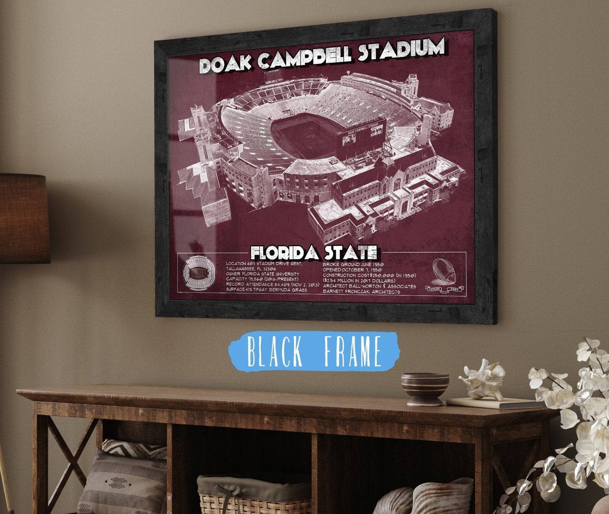 Cutler West College Football Collection 14" x 11" / Black Frame Florida State Seminoles - Doak Campbell Stadium Vintage FSU College Football Art Print 704265414_55140