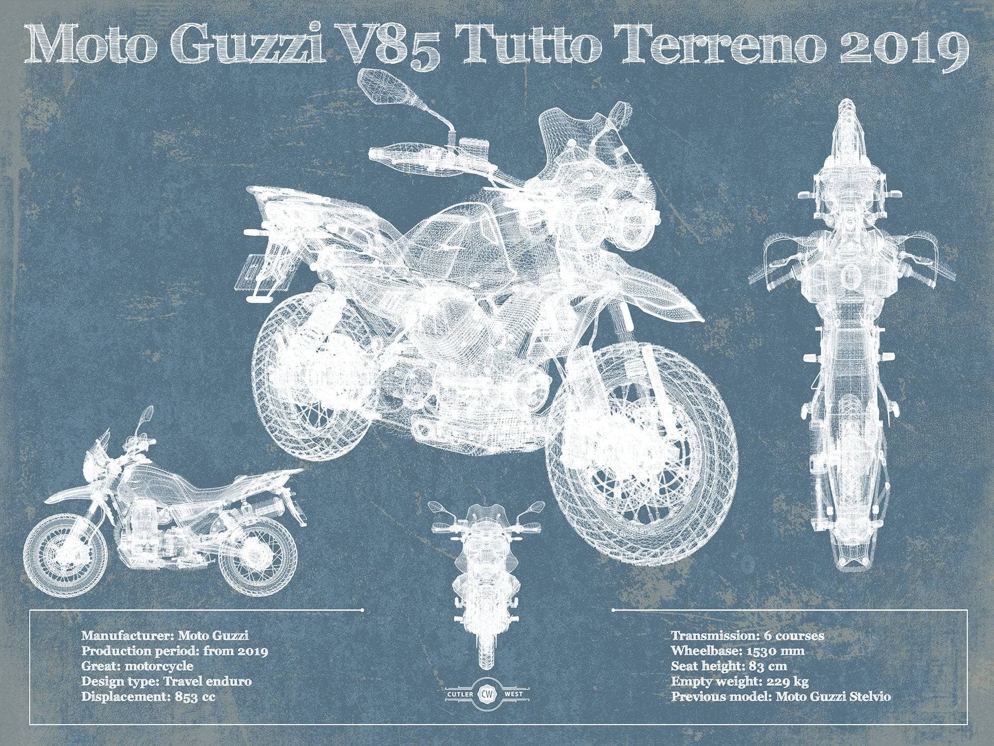 Cutler West Moto Guzzi V85 Tutto Terreno 2019 Blueprint Motorcycle Patent Print