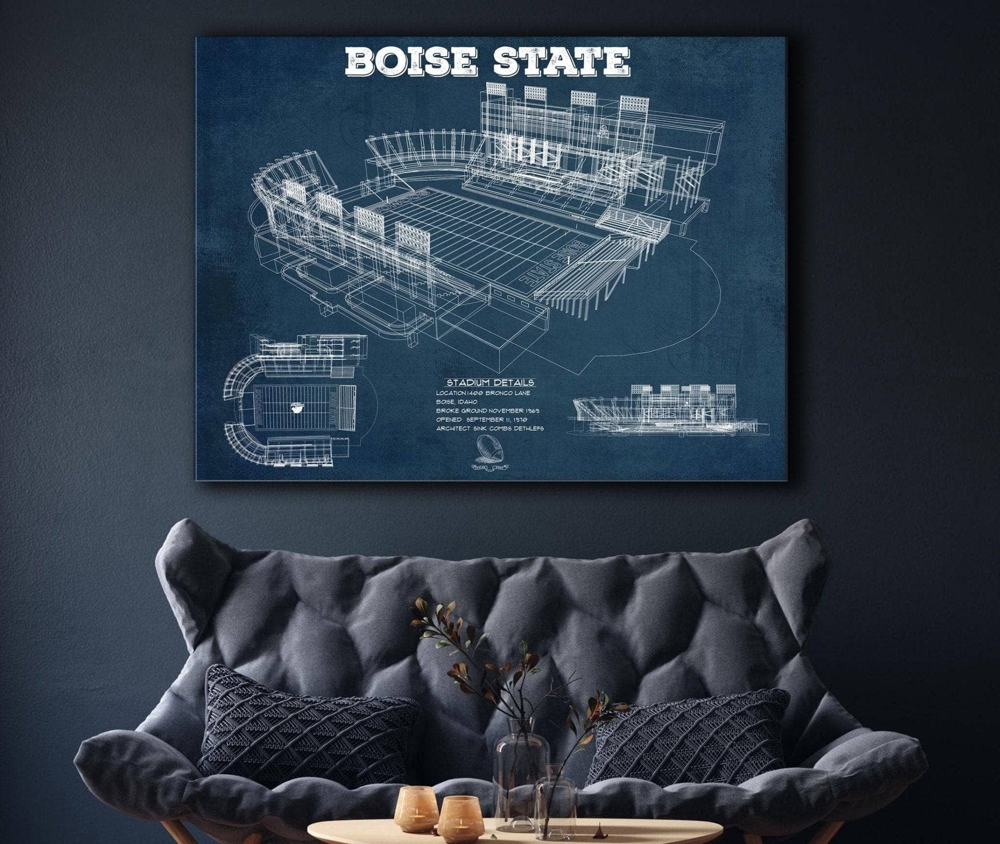 Cutler West College Football Collection Boise State Broncos Art - Vintage Boise State Stadium Blueprint Art Print