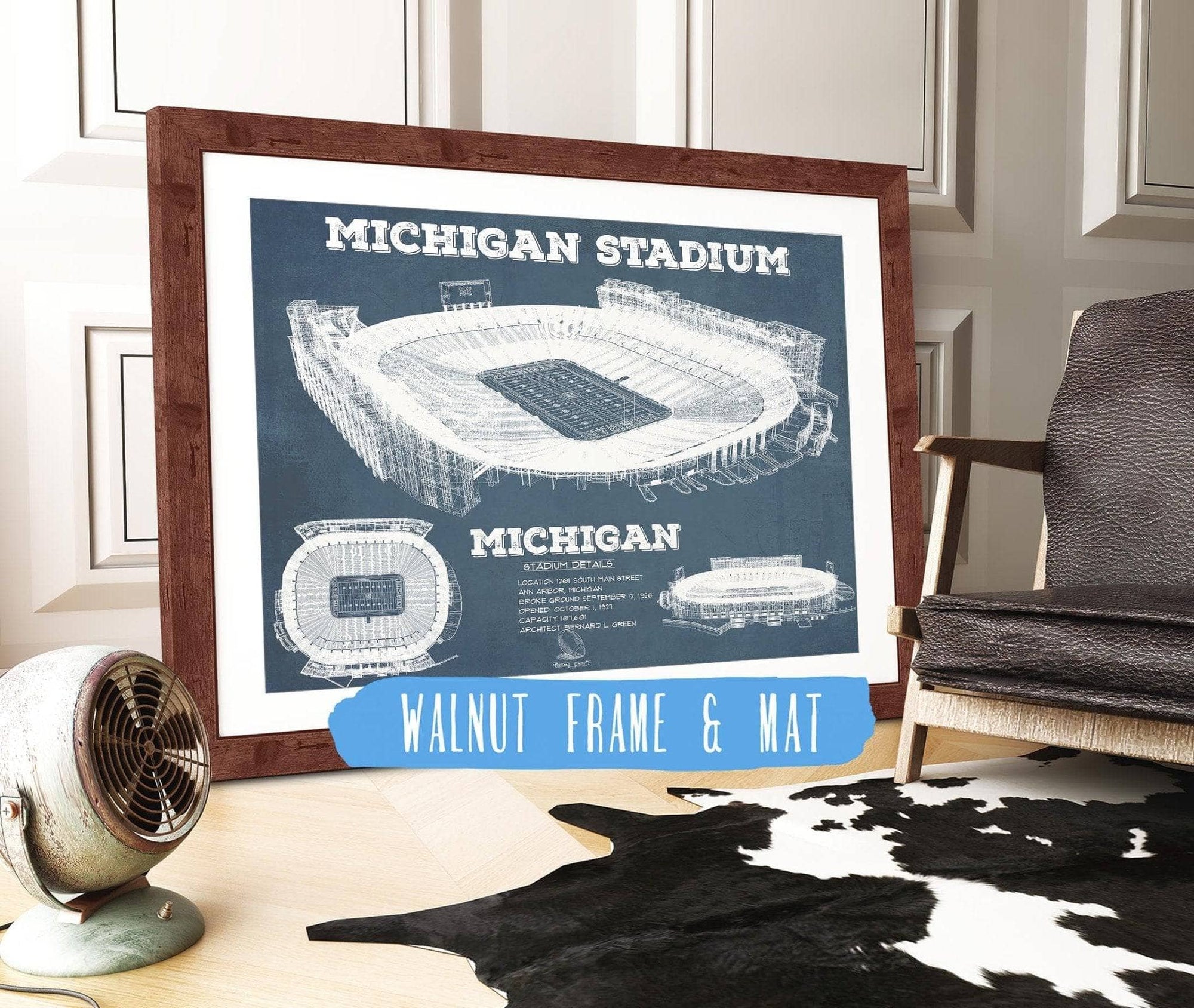 Cutler West College Football Collection 14" x 11" / Walnut Frame & Mat Michigan Wolverines Art - Michigan Stadium Vintage Stadium Blueprint Art Print 736786013_74061