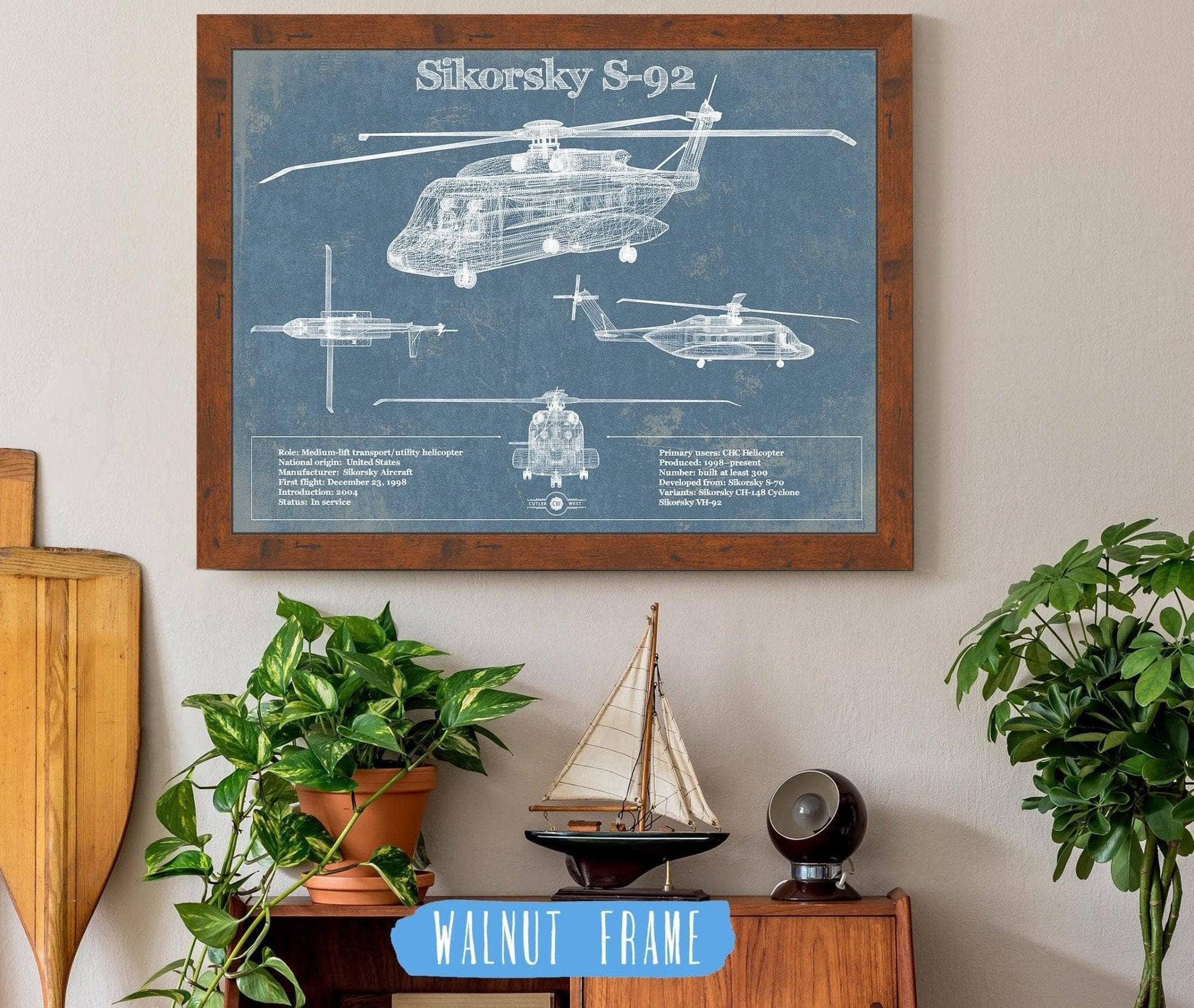 Cutler West Military Aircraft 14" x 11" / Walnut Frame Sikorsky S-92 Helicopter Vintage Aviation Blueprint Military Print 833110073_19849