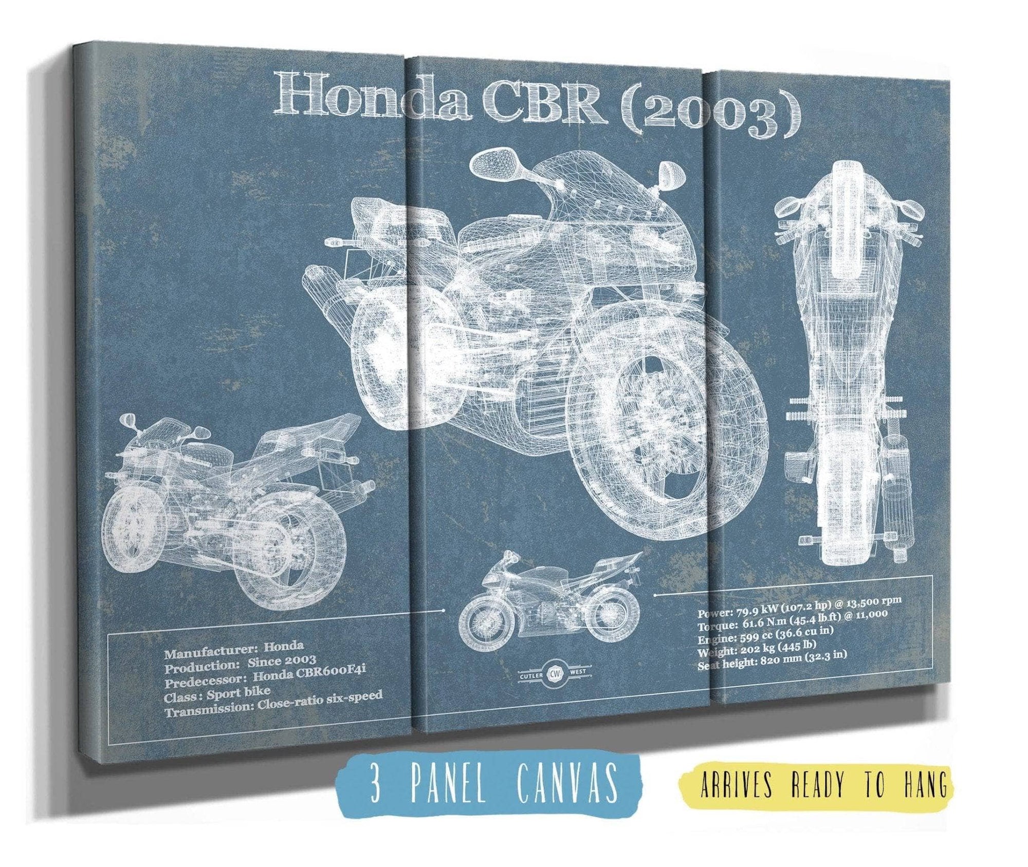 Cutler West Vehicle Collection 48" x 32" / 3 Panel Canvas Wrap Honda CBR660RR 2003 Blueprint Motorcycle Patent Print 889224077_14032