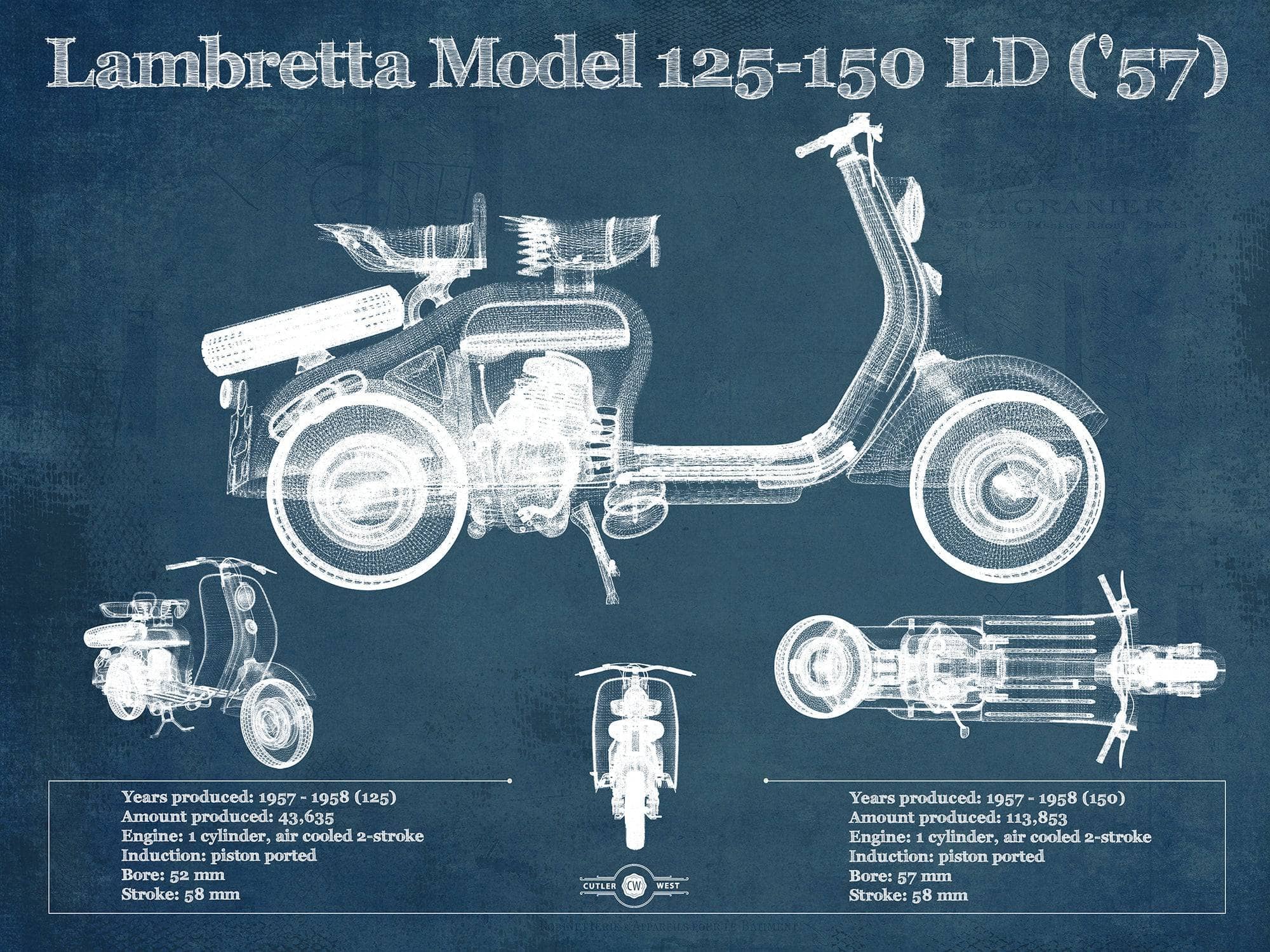 Cutler West 14" x 11" / Unframed Lambretta Model 125 150 LD ('57) Vintage Blueprint Motorcycle Print 933350102_15566