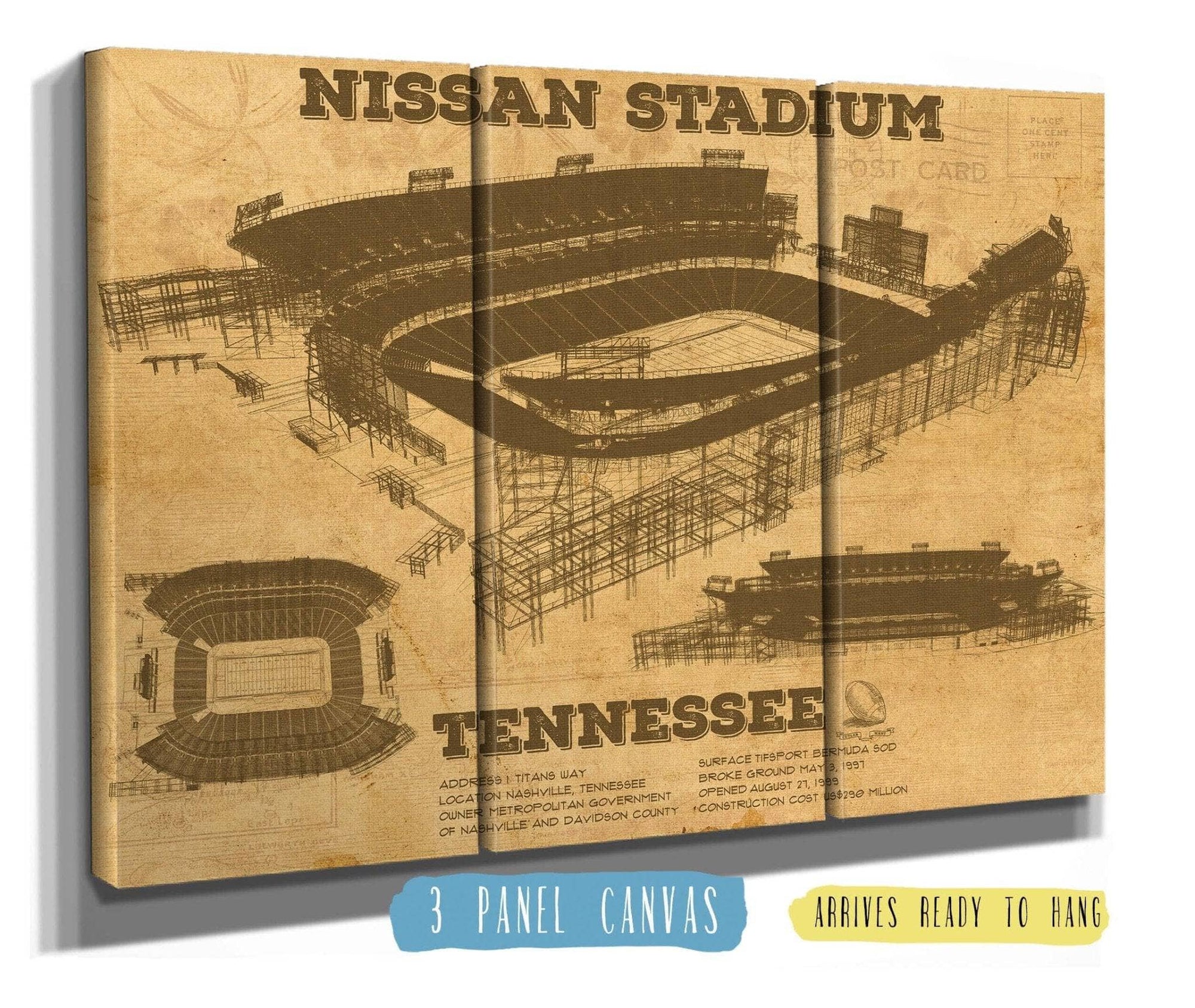 Cutler West Pro Football Collection 48" x 32" / 3 Panel Canvas Wrap Tennessee Titans Nissan Stadium - Vintage Football Print 723978276_71137