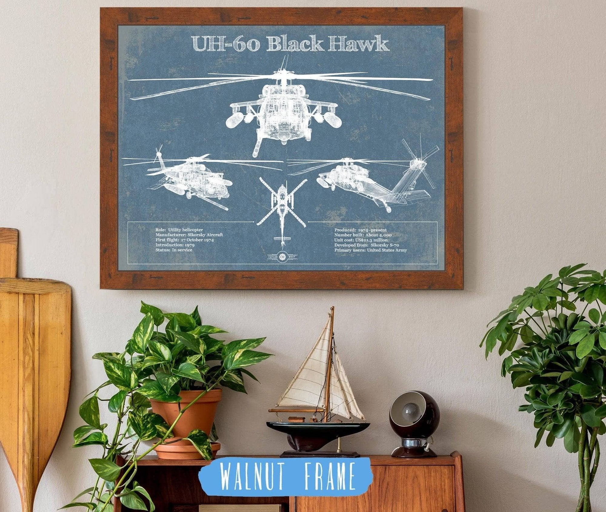 Cutler West Military Aircraft 14" x 11" / Walnut Frame UH-60 Blackhawk Helicopter Vintage Aviation Blueprint Military Print 783513666-TOP