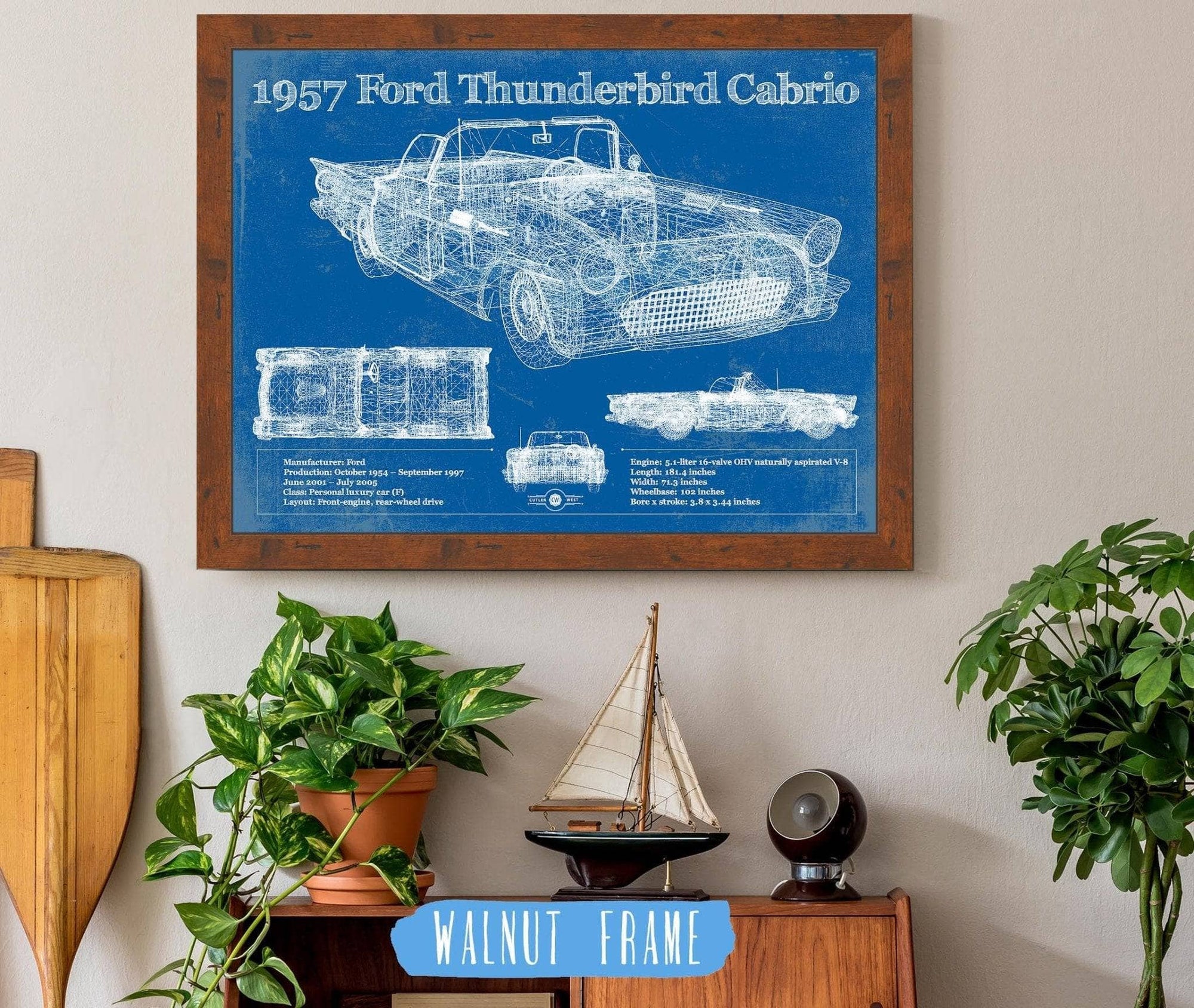 Cutler West Ford Collection 1957 Ford Thunderbird Cabrio Blueprint Vintage Auto Print