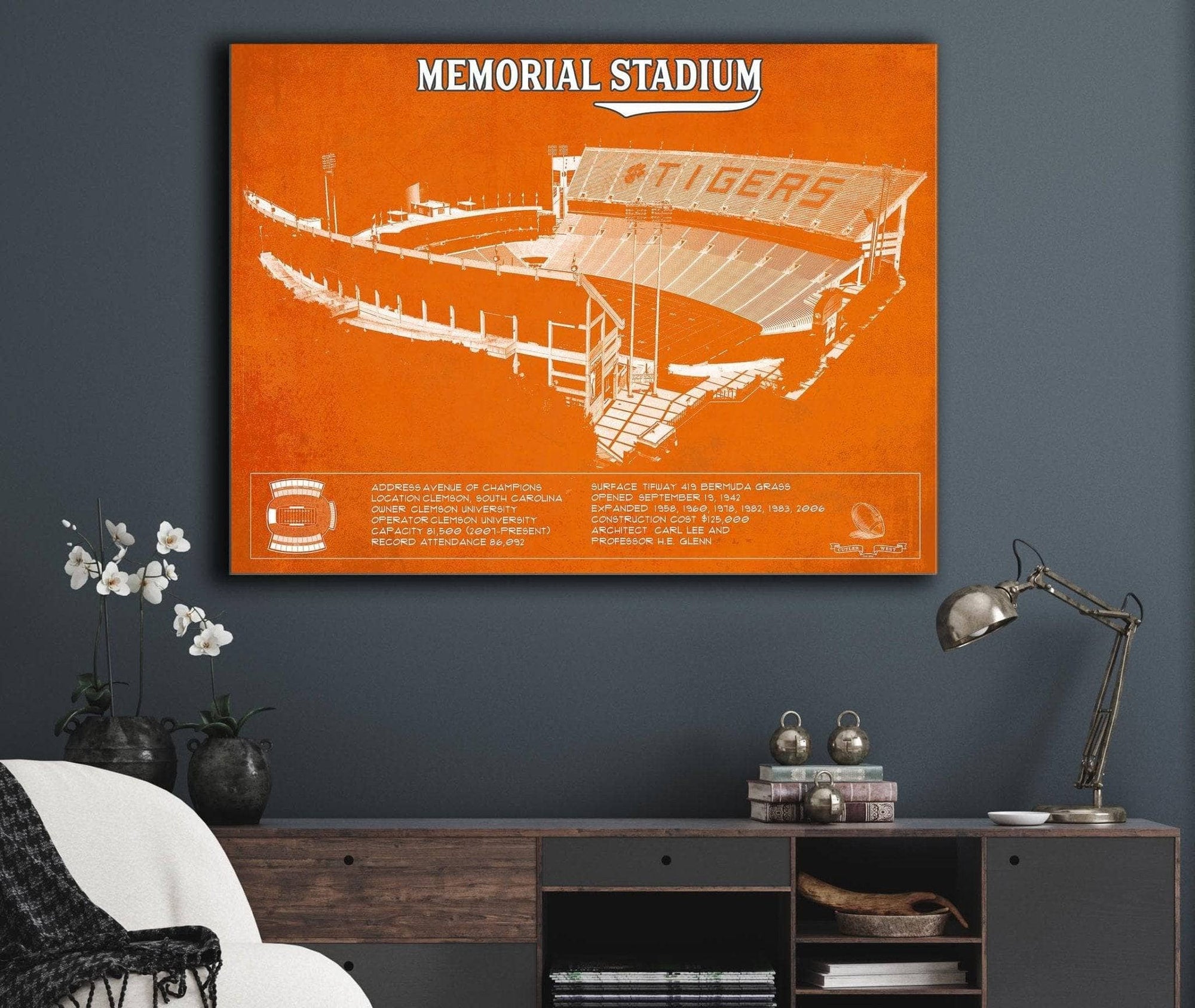 Cutler West College Football Collection Memorial Stadium Clemson Tigers Team Color NCAA Vintage Football Blueprint Art